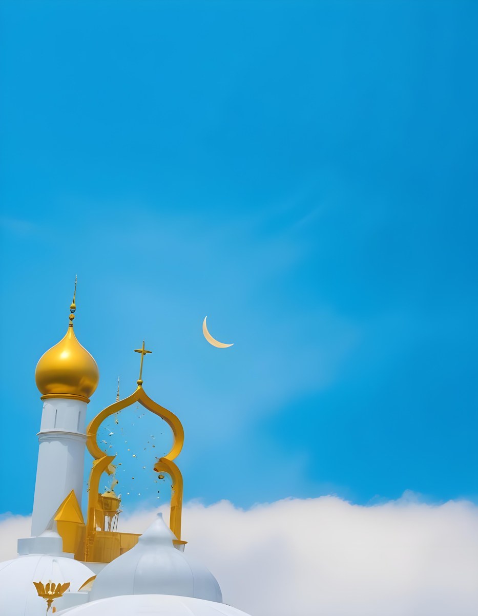Dark And Mysterious A Golden Crescent Moon And A Golden Domed Building Against A Bright Blue Sky With Clouds Dark Shadows And Fog Blurred Neo Expressionism 7 8222