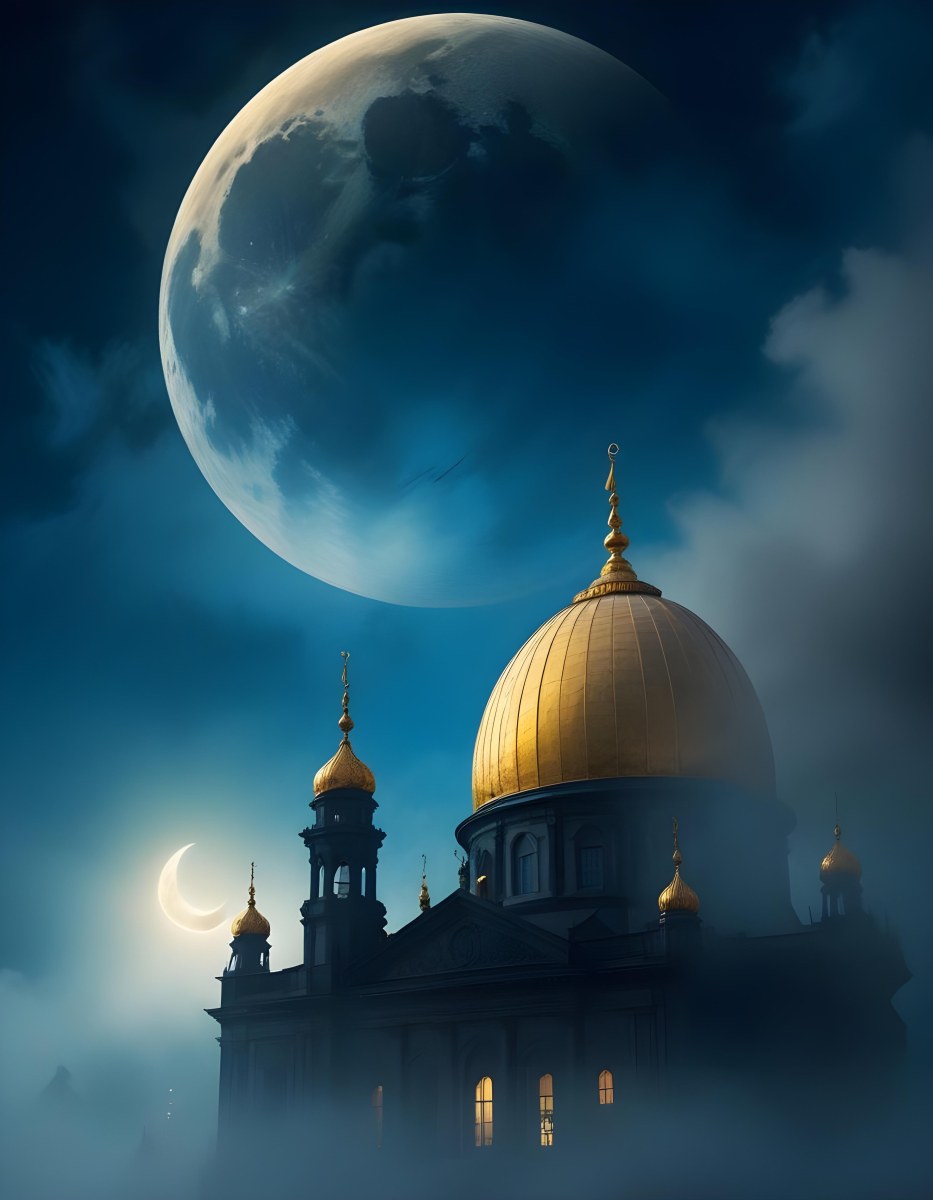 Dark And Mysterious A Golden Crescent Moon And A Golden Domed Building Against A Bright Blue Sky With Clouds Dark Shadows And Fog Blurred Neo Expressionism 8 89a0