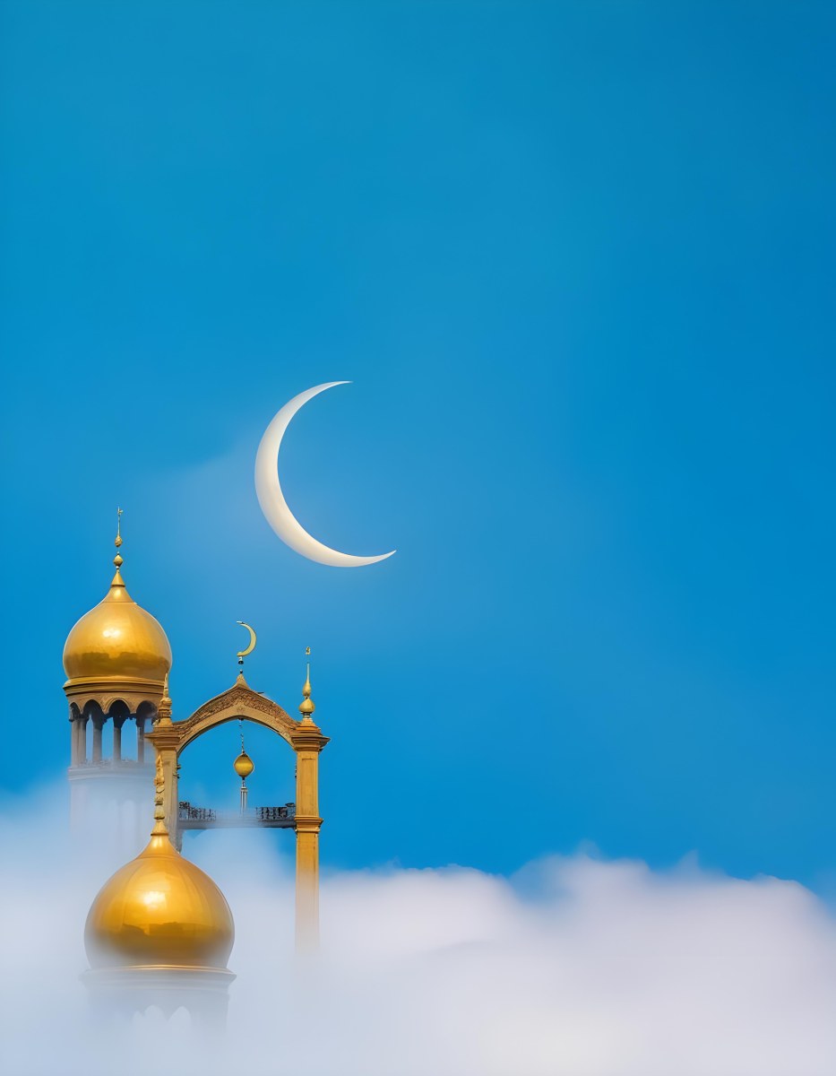 Dark And Mysterious A Golden Crescent Moon And A Golden Domed Building Against A Bright Blue Sky With Clouds Dark Shadows And Fog Blurred Neo Expressionism 9 Cc8b