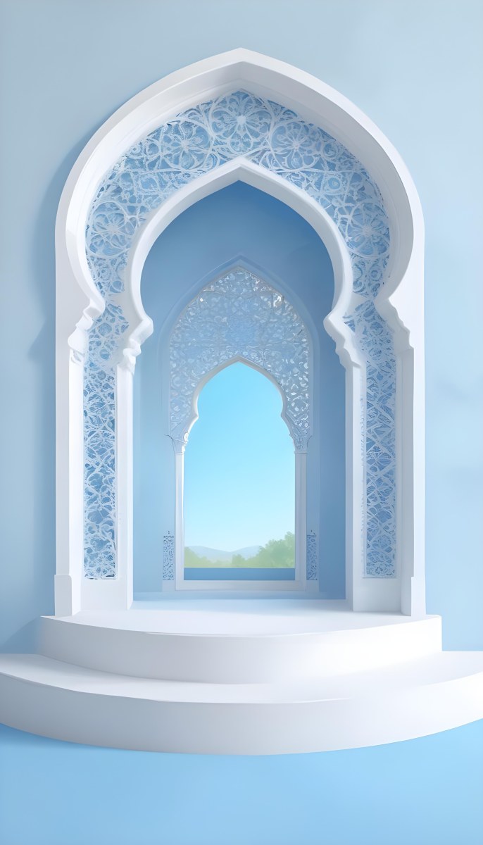 Digital Painting A Large Ornate Arched Window With Intricate Islamic Style Patterns And Designs Framing A Bright Blue Sky In The Background Bold And Slim Lines Brush Strokes 5 97f0