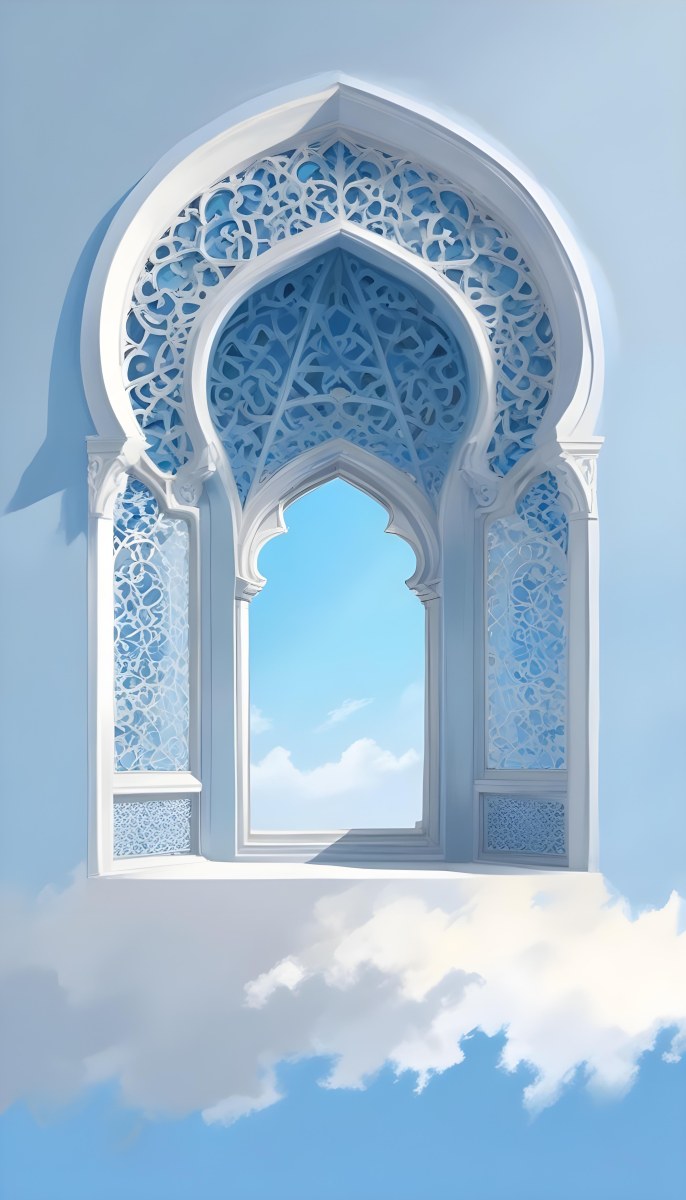 Digital Painting A Large Ornate Arched Window With Intricate Islamic Style Patterns And Designs Framing A Bright Blue Sky In The Background Bold And Slim Lines Brush Strokes 6 8c0a