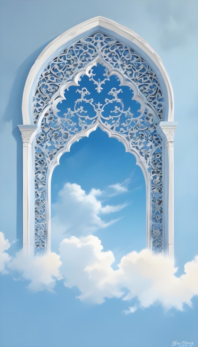 Digital Painting A Large Ornate Arched Window With Intricate Islamic Style Patterns And Designs Framing A Bright Blue Sky In The Background Bold And Slim Lines Brush Strokes 7 2f51