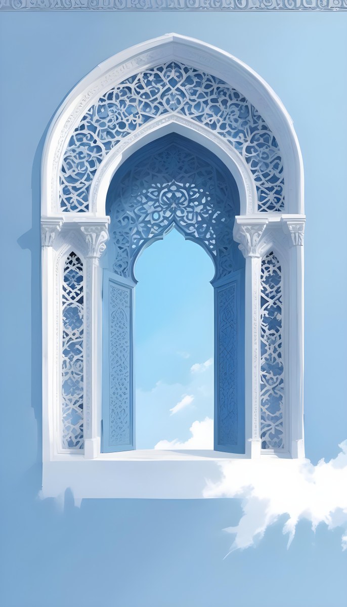 Digital Painting A Large Ornate Arched Window With Intricate Islamic Style Patterns And Designs Framing A Bright Blue Sky In The Background Bold And Slim Lines Brush Strokes 8 E95b