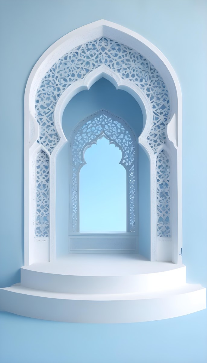 Digital Painting A Large Ornate Arched Window With Intricate Islamic Style Patterns And Designs Framing A Bright Blue Sky In The Background Bold And Slim Lines Brush Strokes 9 088d