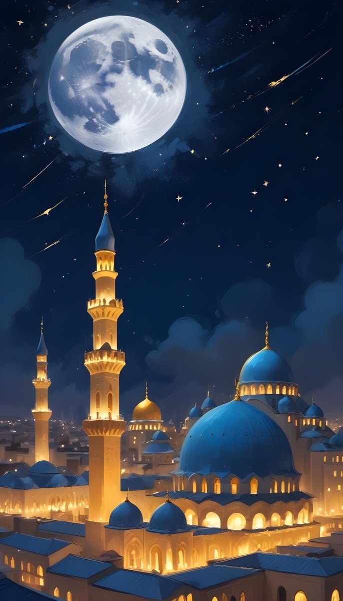 Digital Painting A Mosque With Golden Domes And Blue Towers At Night A Full Moon In The Sky Stars Scattered Around And A City With Lights In The Background Bold And Slim Lines Brush Strokes 5 Bccd