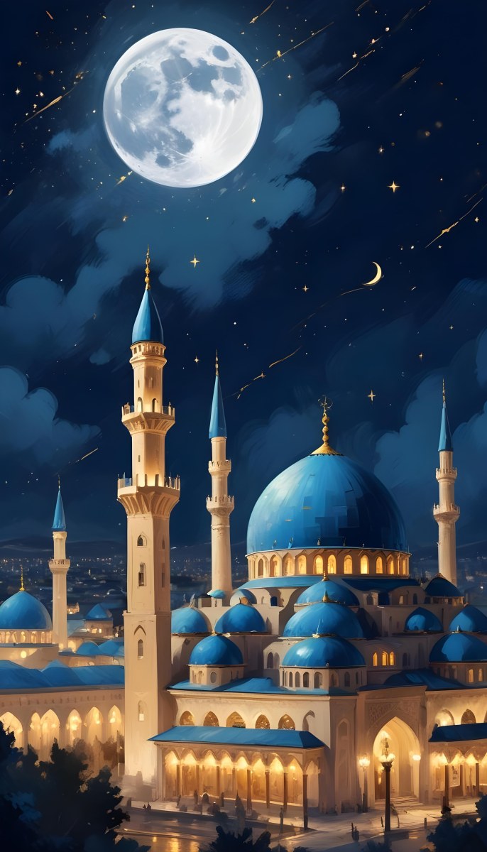 Digital Painting A Mosque With Golden Domes And Blue Towers At Night A Full Moon In The Sky Stars Scattered Around And A City With Lights In The Background Bold And Slim Lines Brush Strokes 6 D78b