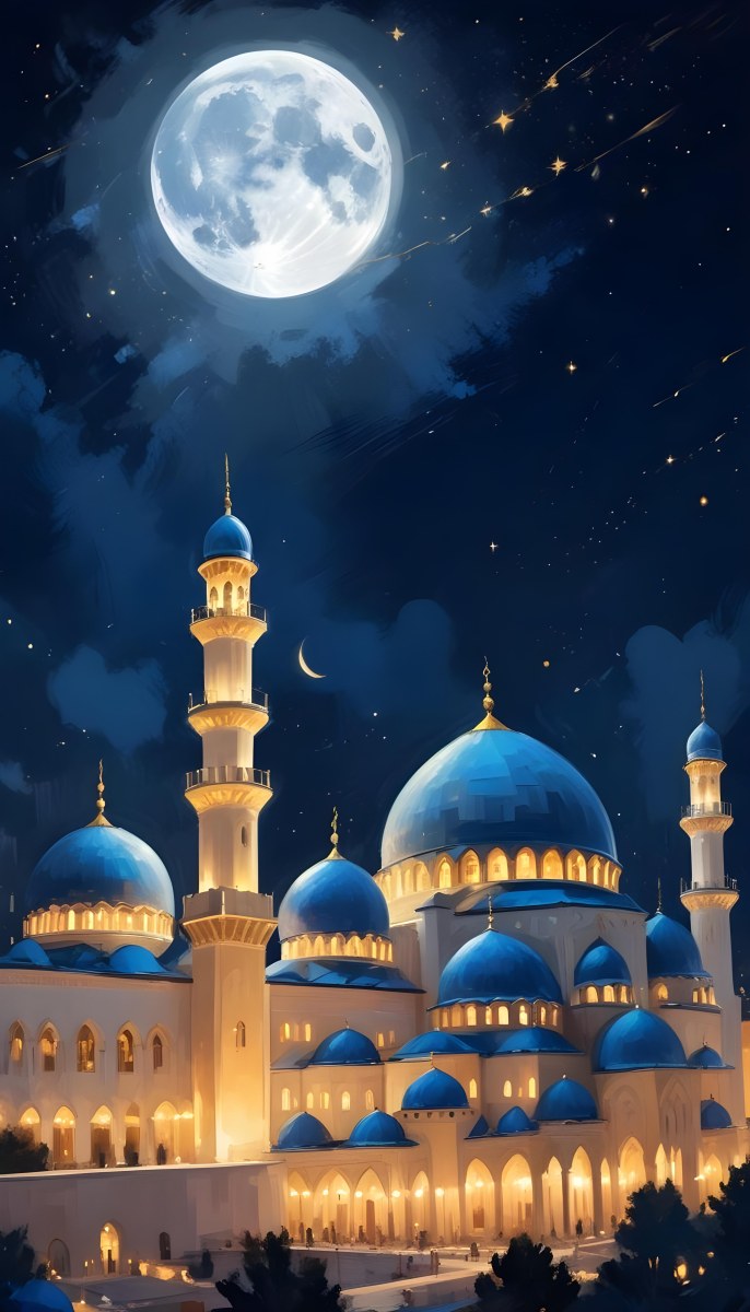 Digital Painting A Mosque With Golden Domes And Blue Towers At Night A Full Moon In The Sky Stars Scattered Around And A City With Lights In The Background Bold And Slim Lines Brush Strokes 7 D91f
