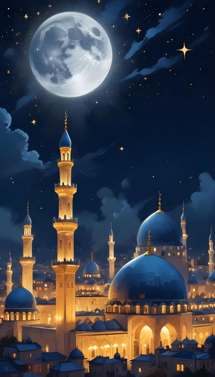 Digital Painting A Mosque With Golden Domes And Blue Towers At Night A Full Moon In The Sky Stars Scattered Around And A City With Lights In The Background Bold And Slim Lines Brush Strokes 8 2617