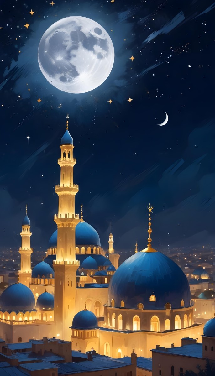 Digital Painting A Mosque With Golden Domes And Blue Towers At Night A Full Moon In The Sky Stars Scattered Around And A City With Lights In The Background Bold And Slim Lines Brush Strokes 9 5396