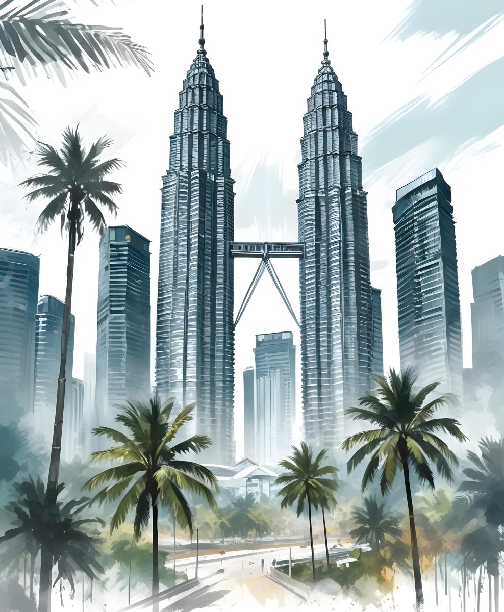 Digital Painting Petronas Towers In Kuala Lumpur Malaysia Surrounded By Skyscrapers And Palm Trees Bold And Slim Lines Brush Strokes 1 Dbcd