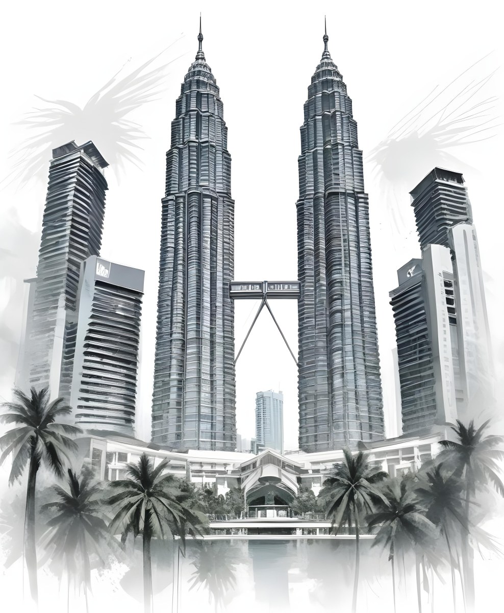 Digital Painting Petronas Towers In Kuala Lumpur Malaysia Surrounded By Skyscrapers And Palm Trees Bold And Slim Lines Brush Strokes 13 28c0