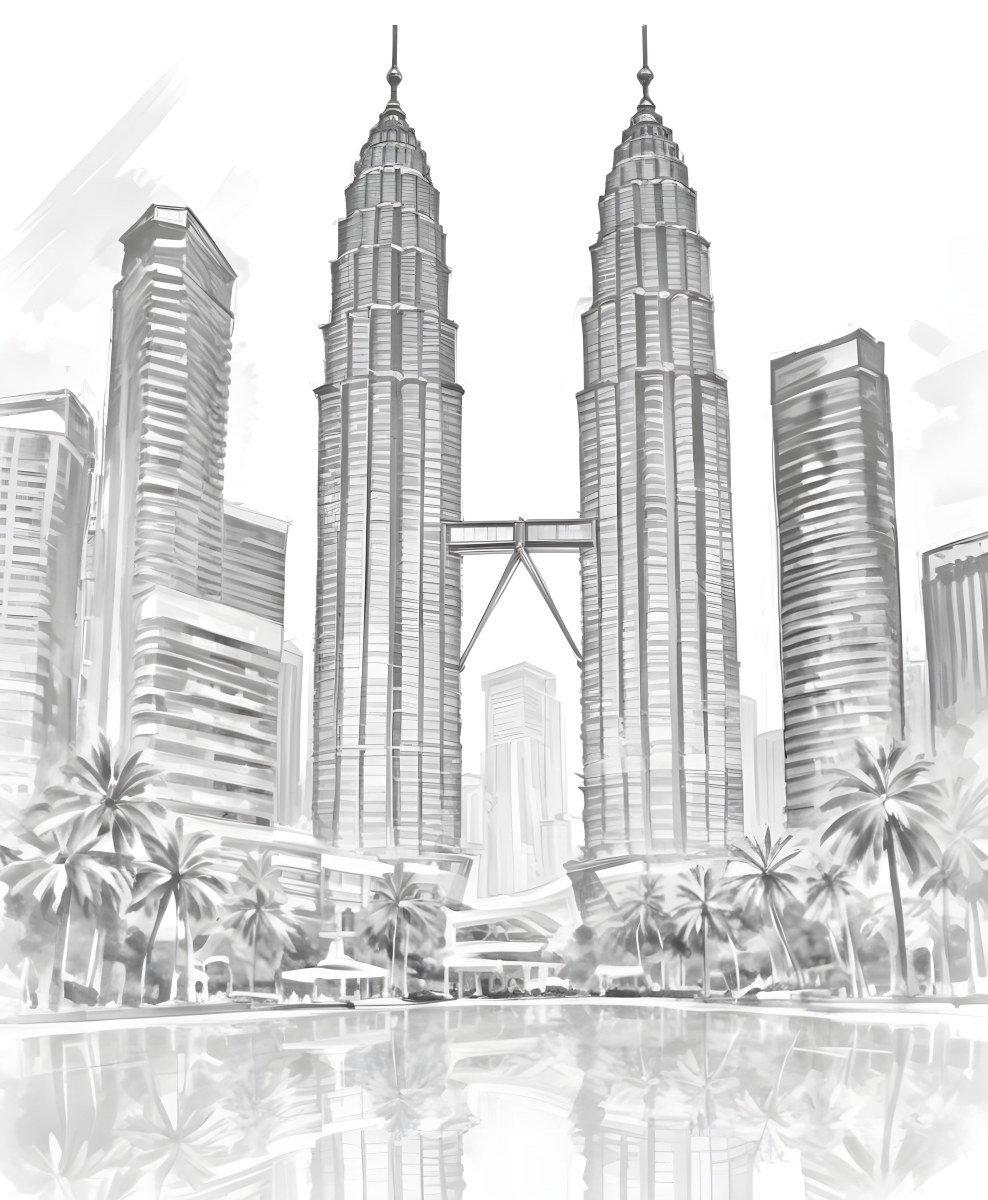 Digital Painting Petronas Towers In Kuala Lumpur Malaysia Surrounded By Skyscrapers And Palm Trees Bold And Slim Lines Brush Strokes 17 A11c