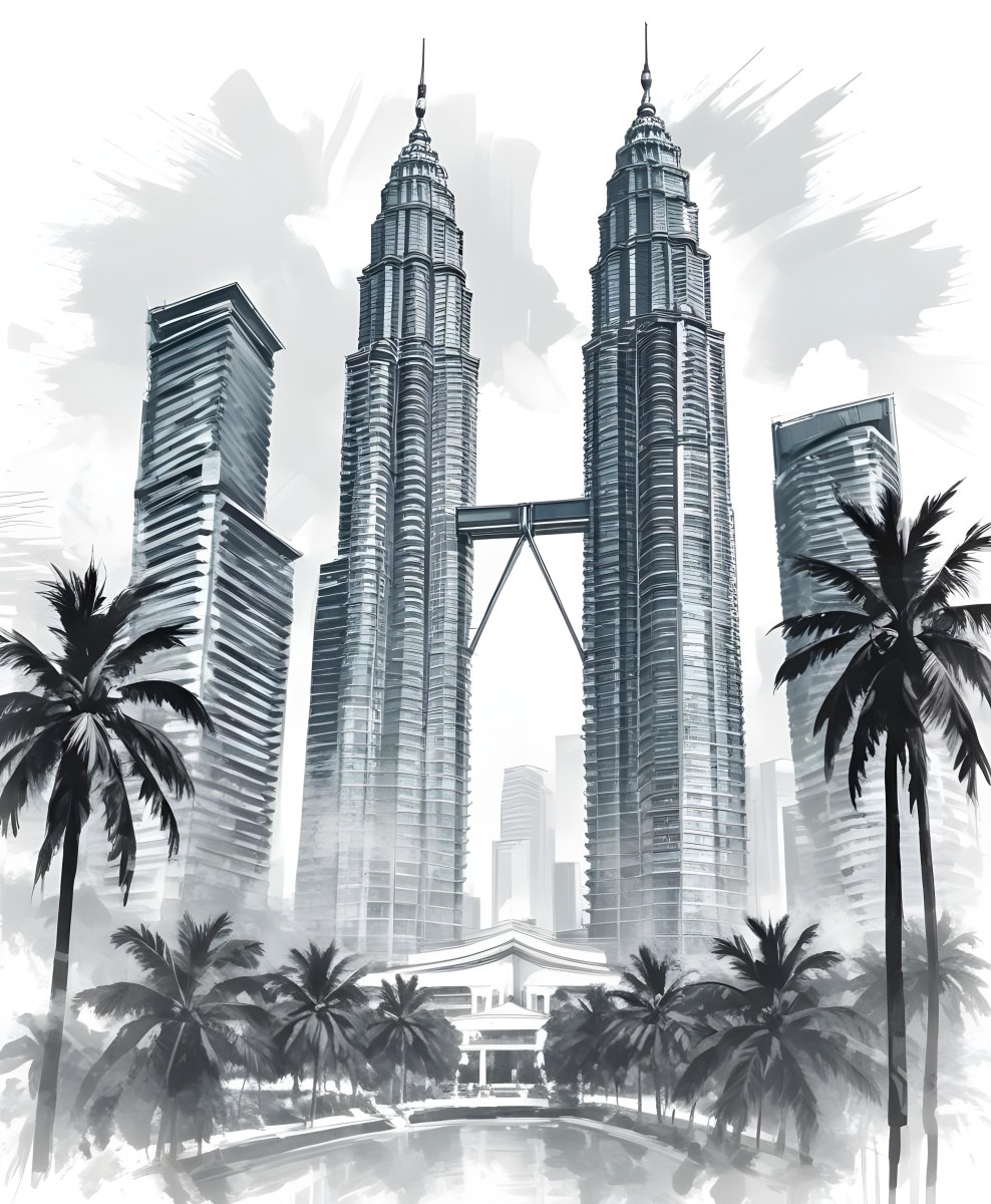 Digital Painting Petronas Towers In Kuala Lumpur Malaysia Surrounded By Skyscrapers And Palm Trees Bold And Slim Lines Brush Strokes 22 2d35