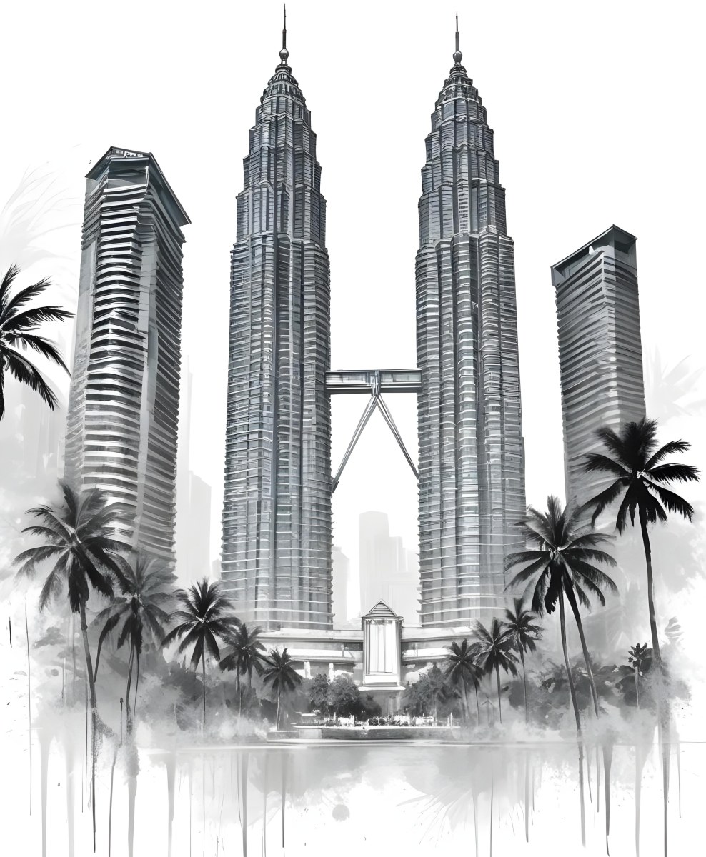 Digital Painting Petronas Towers In Kuala Lumpur Malaysia Surrounded By Skyscrapers And Palm Trees Bold And Slim Lines Brush Strokes 3 Dabc