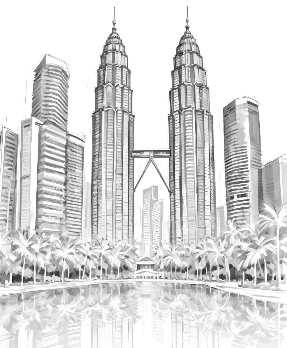 Digital Painting Petronas Towers In Kuala Lumpur Malaysia Surrounded By Skyscrapers And Palm Trees Bold And Slim Lines Brush Strokes 31 Aba3
