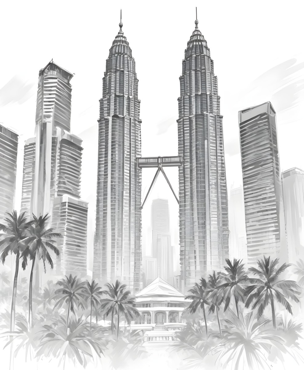 Digital Painting Petronas Towers In Kuala Lumpur Malaysia Surrounded By Skyscrapers And Palm Trees Bold And Slim Lines Brush Strokes 35 5c80