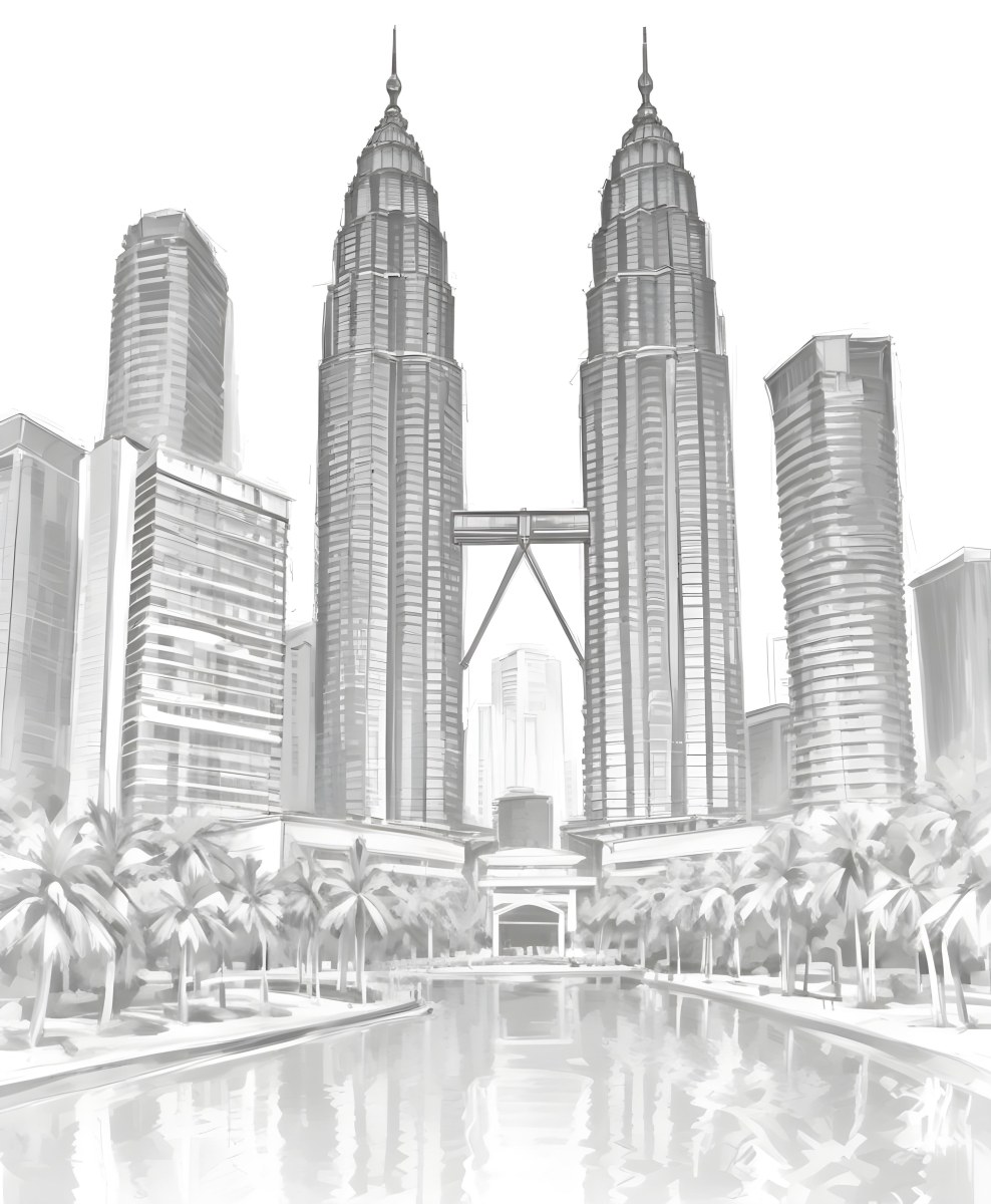 Digital Painting Petronas Towers In Kuala Lumpur Malaysia Surrounded By Skyscrapers And Palm Trees Bold And Slim Lines Brush Strokes 37 E407