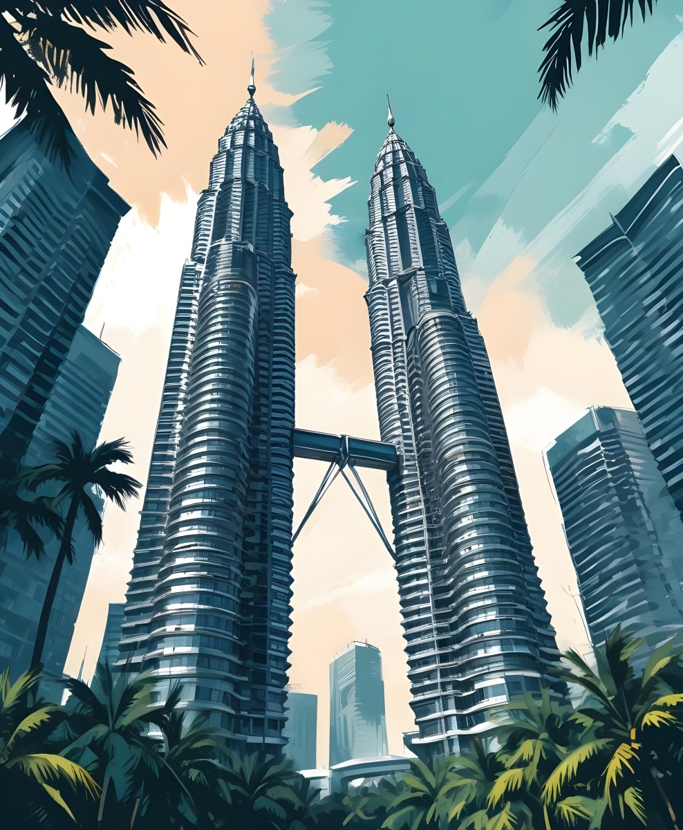 Digital Painting Petronas Towers In Kuala Lumpur Malaysia Surrounded By Skyscrapers And Palm Trees Bold And Slim Lines Brush Strokes 38 9ac7