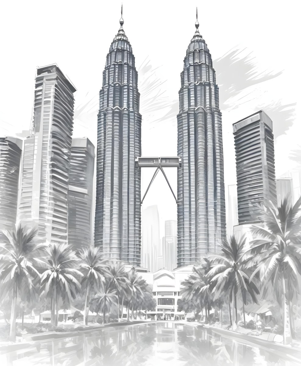 Digital Painting Petronas Towers In Kuala Lumpur Malaysia Surrounded By Skyscrapers And Palm Trees Bold And Slim Lines Brush Strokes 39 E4b7