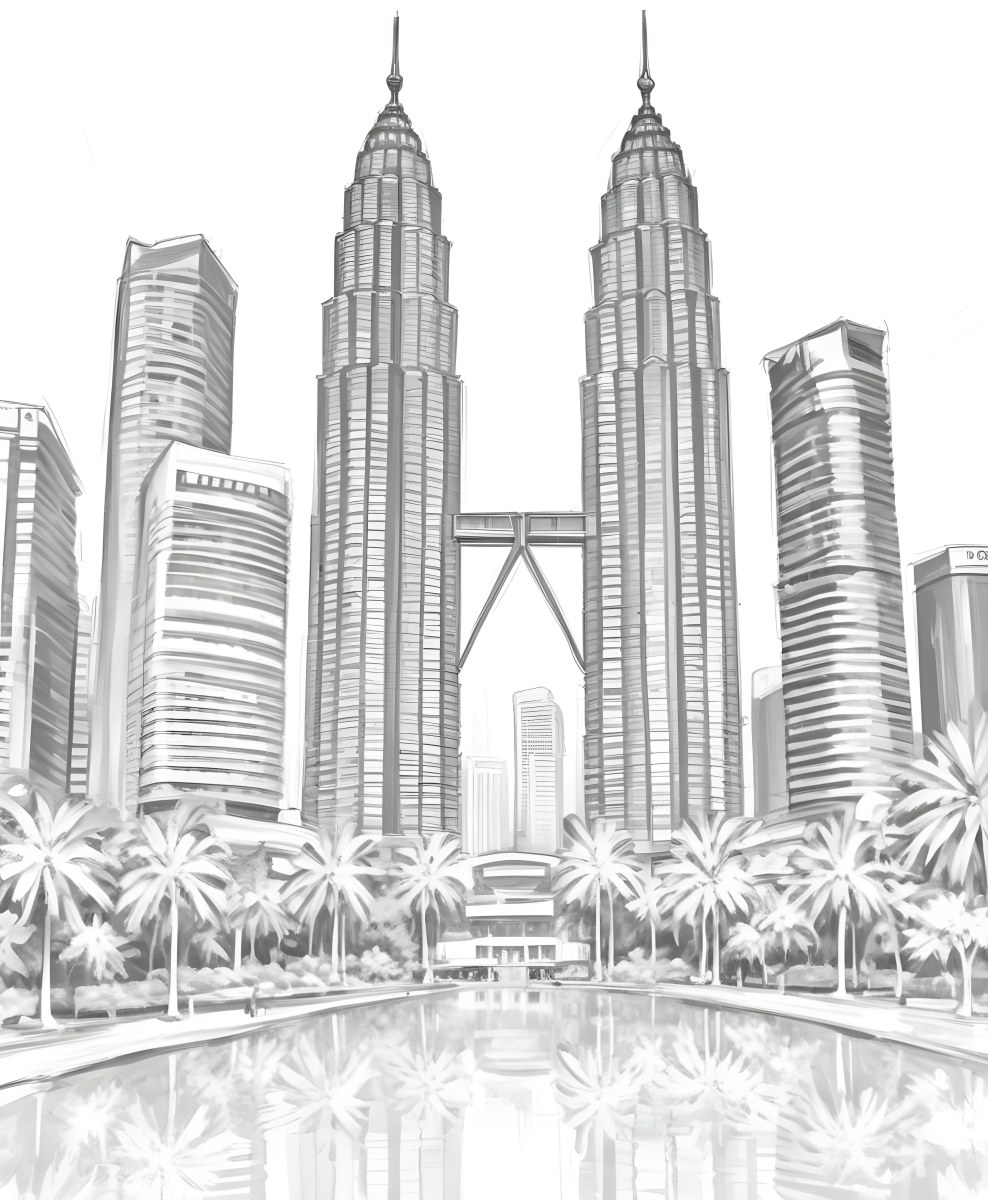 Digital Painting Petronas Towers In Kuala Lumpur Malaysia Surrounded By Skyscrapers And Palm Trees Bold And Slim Lines Brush Strokes 4 7199