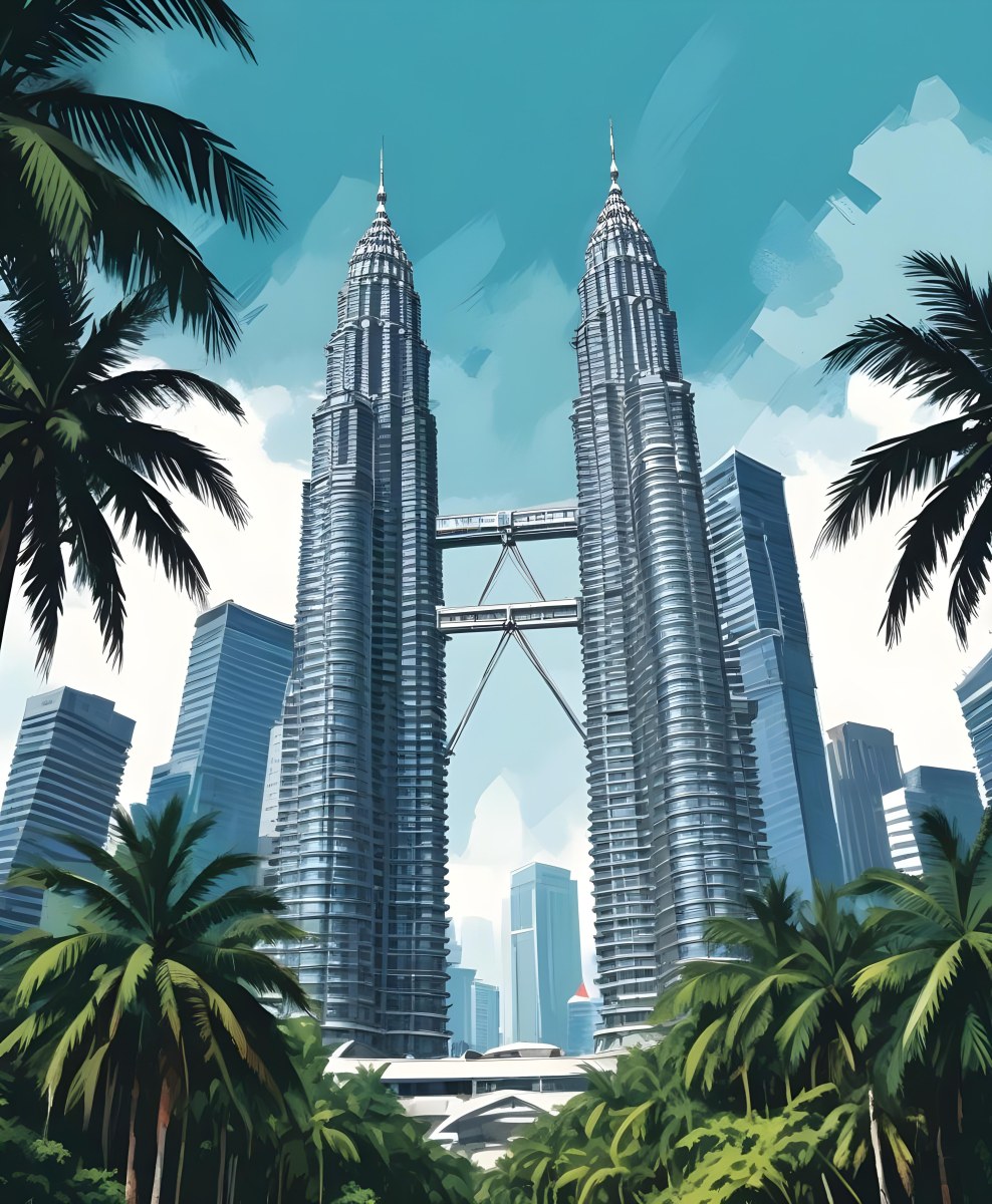 Digital Painting Petronas Towers In Kuala Lumpur Malaysia Surrounded By Skyscrapers And Palm Trees Bold And Slim Lines Brush Strokes 40 241c