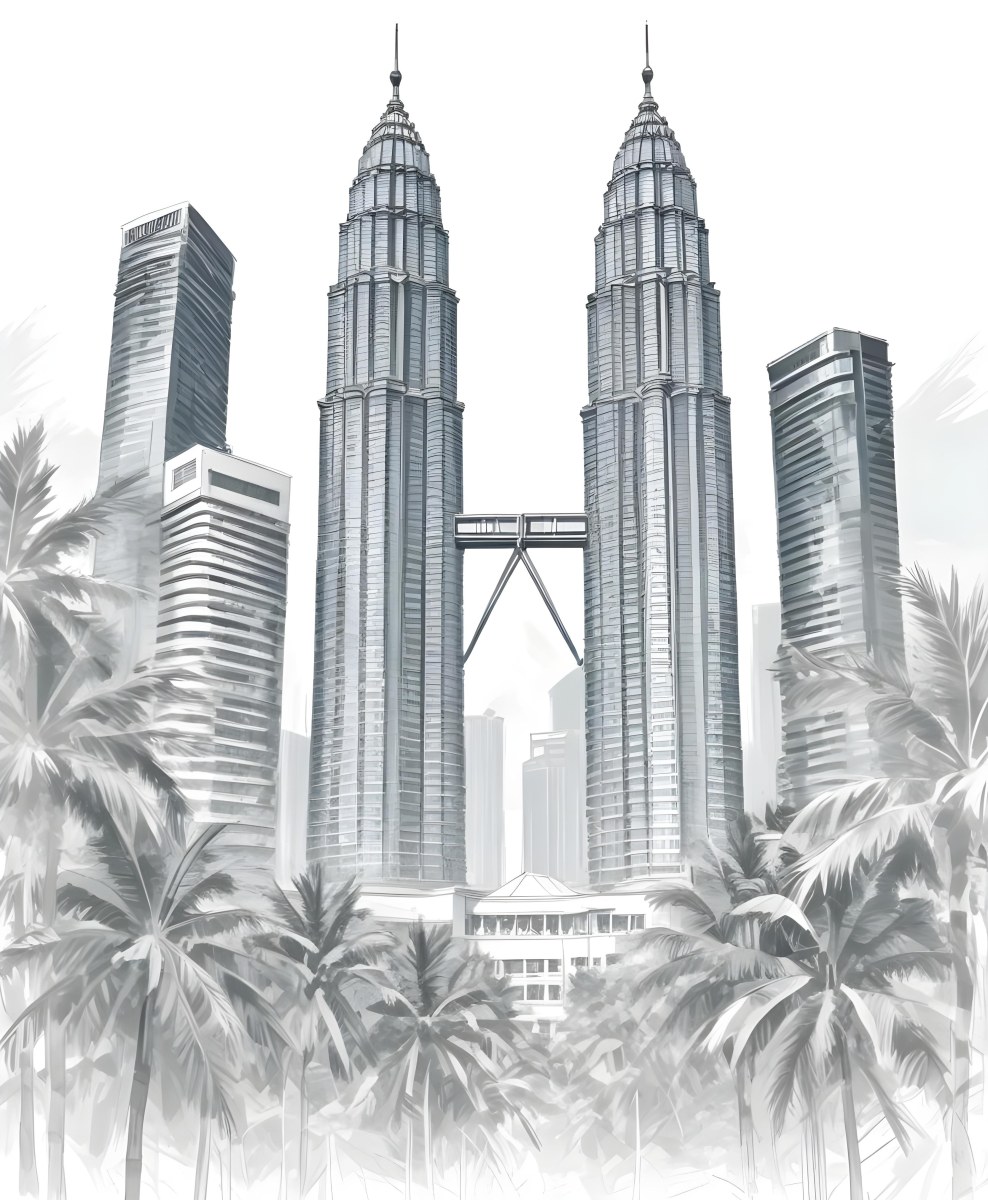Digital Painting Petronas Towers In Kuala Lumpur Malaysia Surrounded By Skyscrapers And Palm Trees Bold And Slim Lines Brush Strokes 41 5125