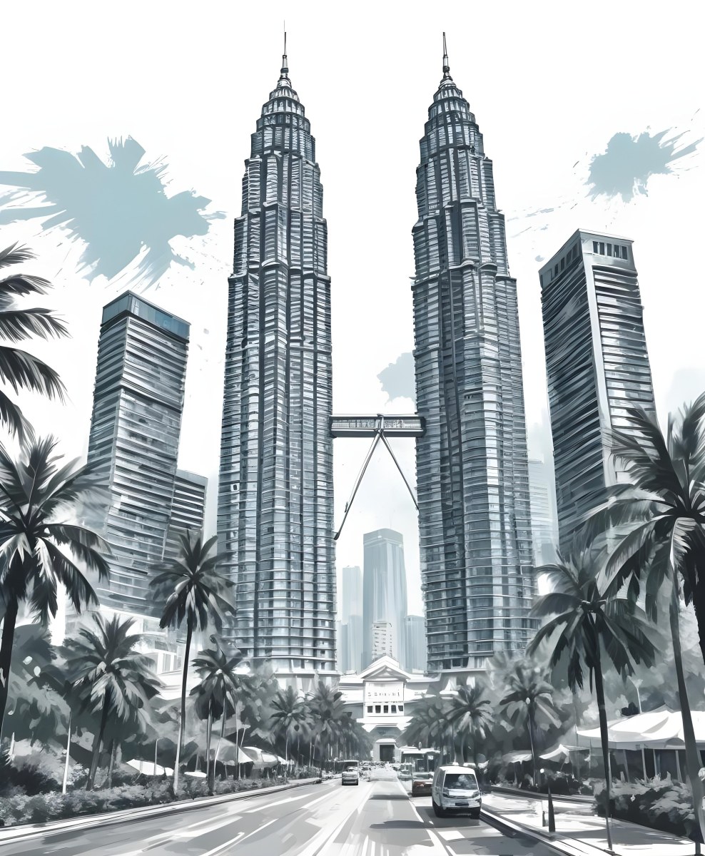 Digital Painting Petronas Towers In Kuala Lumpur Malaysia Surrounded By Skyscrapers And Palm Trees Bold And Slim Lines Brush Strokes 42 7930