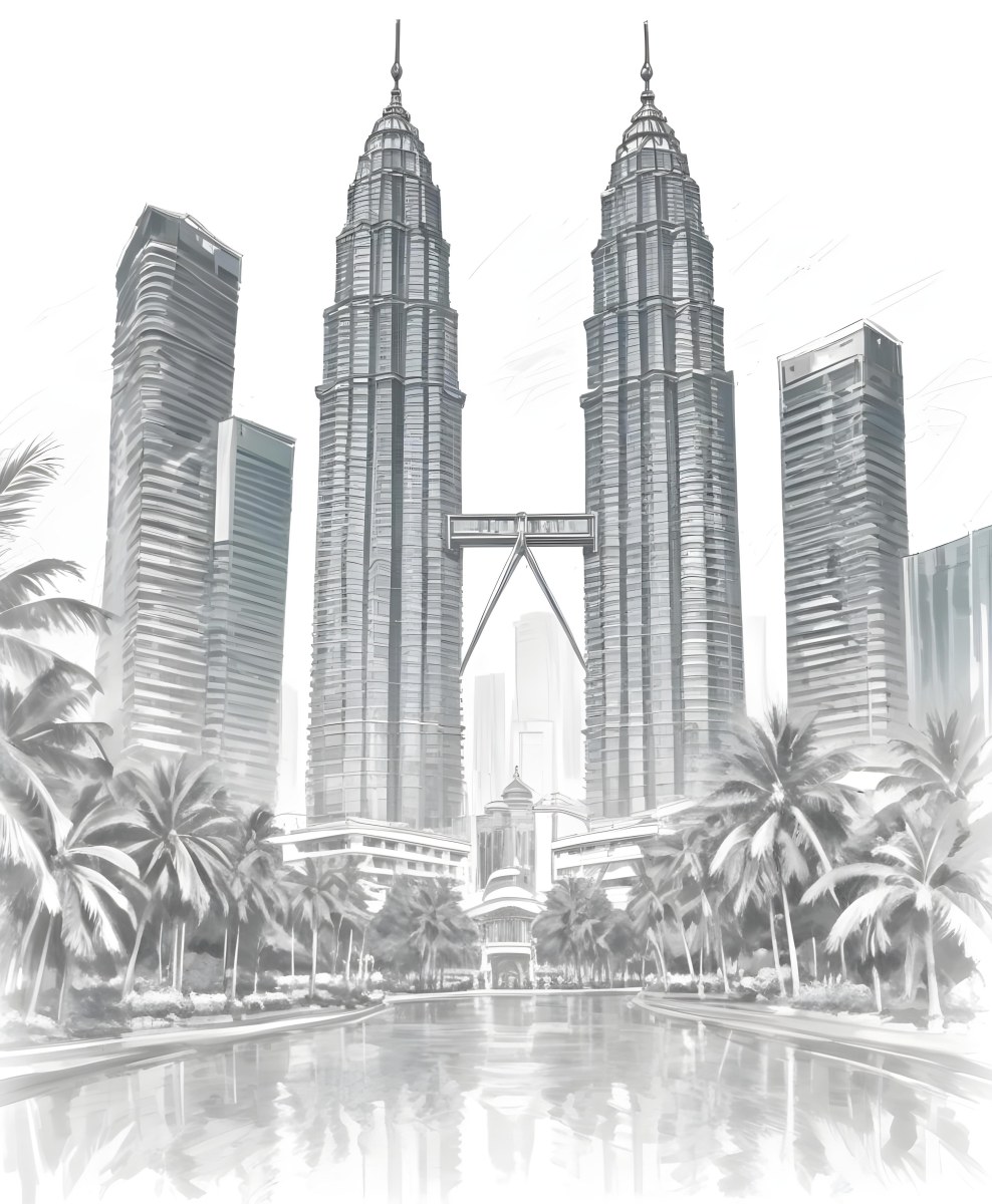 Digital Painting Petronas Towers In Kuala Lumpur Malaysia Surrounded By Skyscrapers And Palm Trees Bold And Slim Lines Brush Strokes 43 Baab