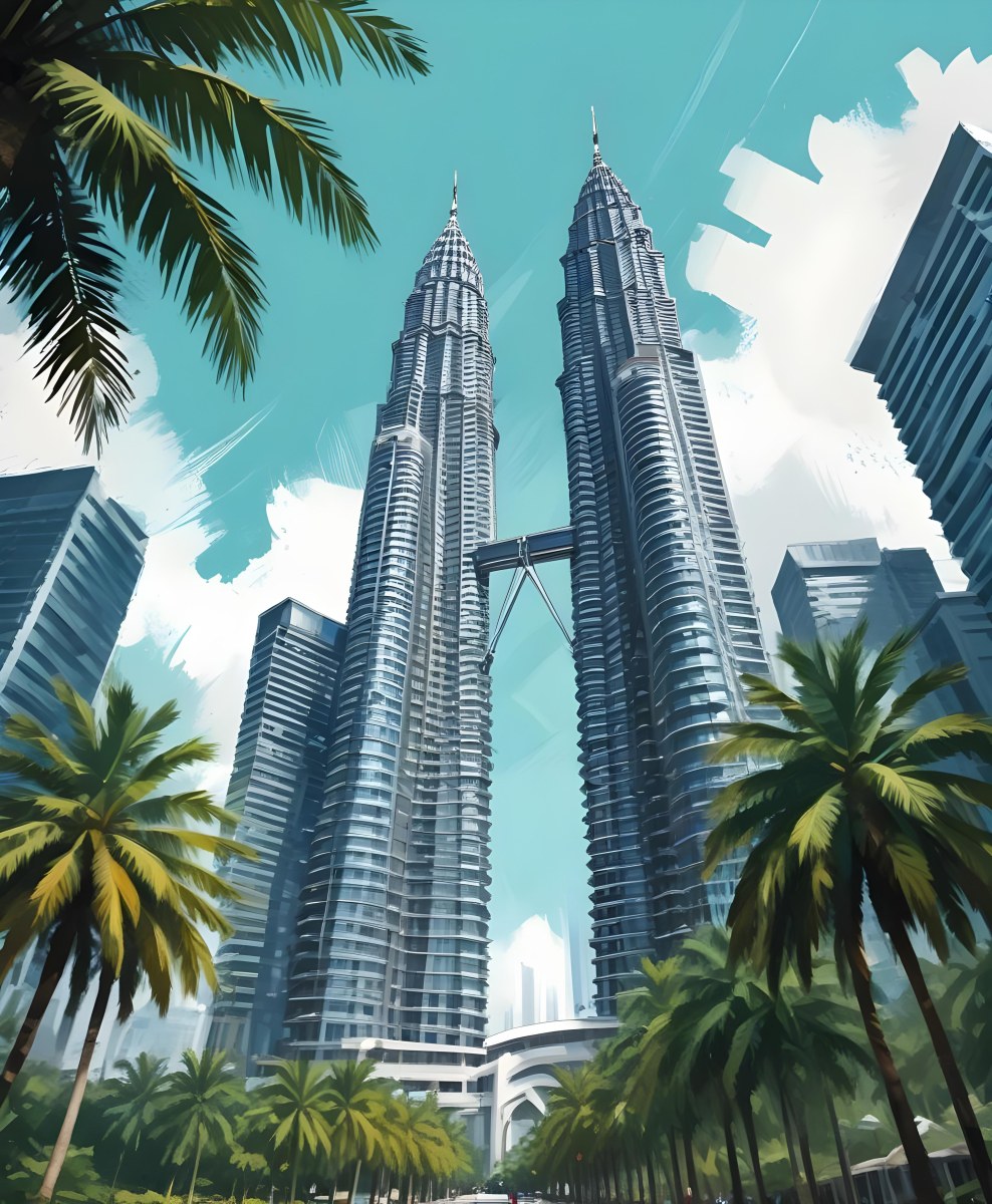 Digital Painting Petronas Towers In Kuala Lumpur Malaysia Surrounded By Skyscrapers And Palm Trees Bold And Slim Lines Brush Strokes 5 Ff8c