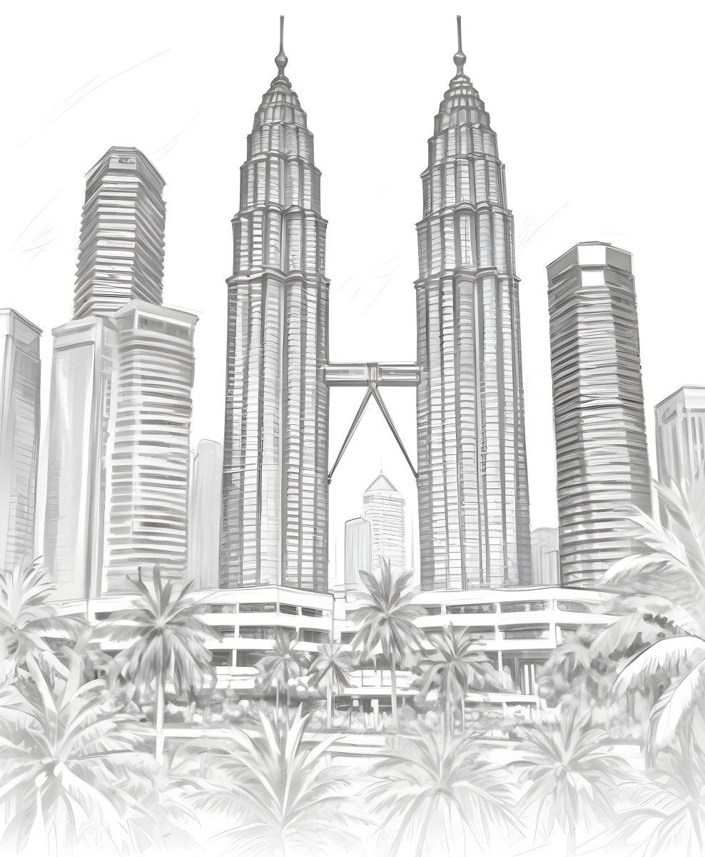 Digital Painting Petronas Towers In Kuala Lumpur Malaysia Surrounded By Skyscrapers And Palm Trees Bold And Slim Lines Brush Strokes 6 E6be