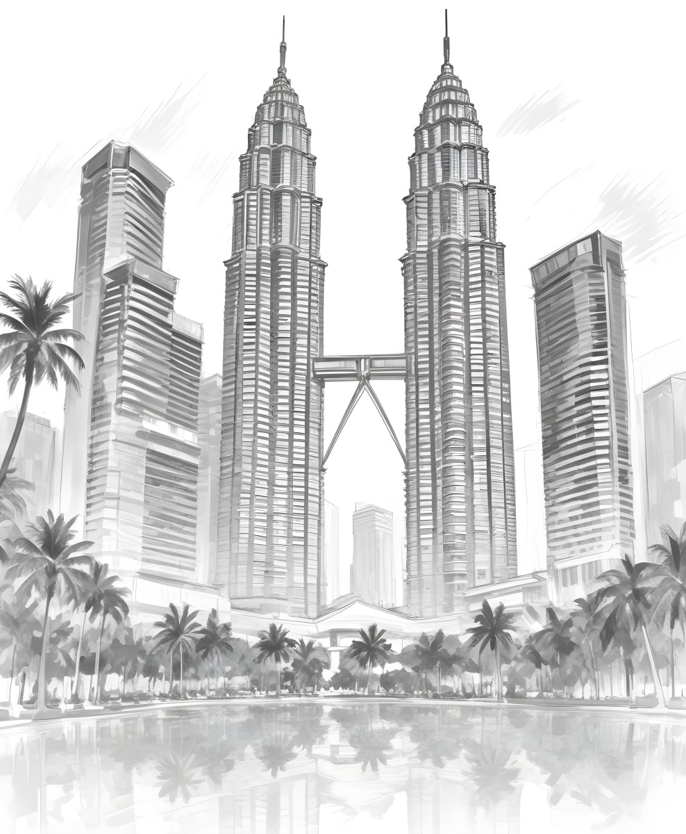Digital Painting Petronas Towers In Kuala Lumpur Malaysia Surrounded By Skyscrapers And Palm Trees Bold And Slim Lines Brush Strokes 7 793e