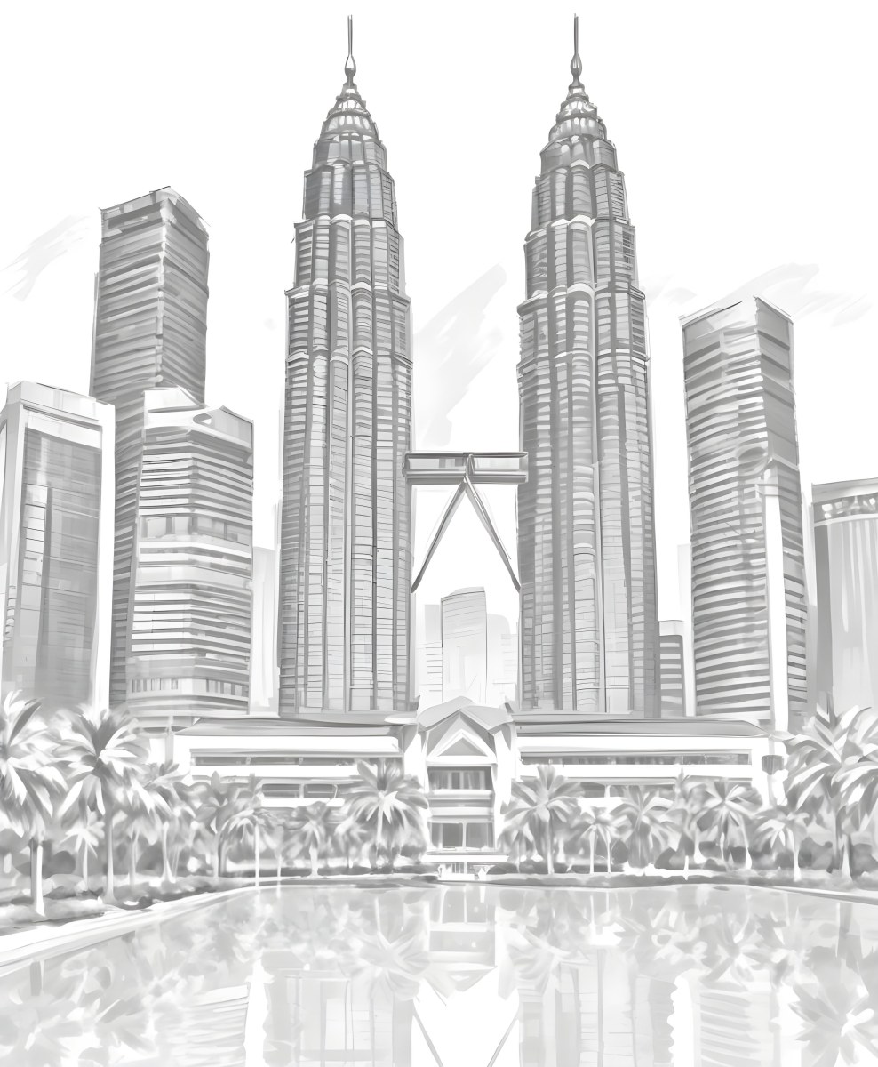 Digital Painting Petronas Towers In Kuala Lumpur Malaysia Surrounded By Skyscrapers And Palm Trees Bold And Slim Lines Brush Strokes 8 5cd7