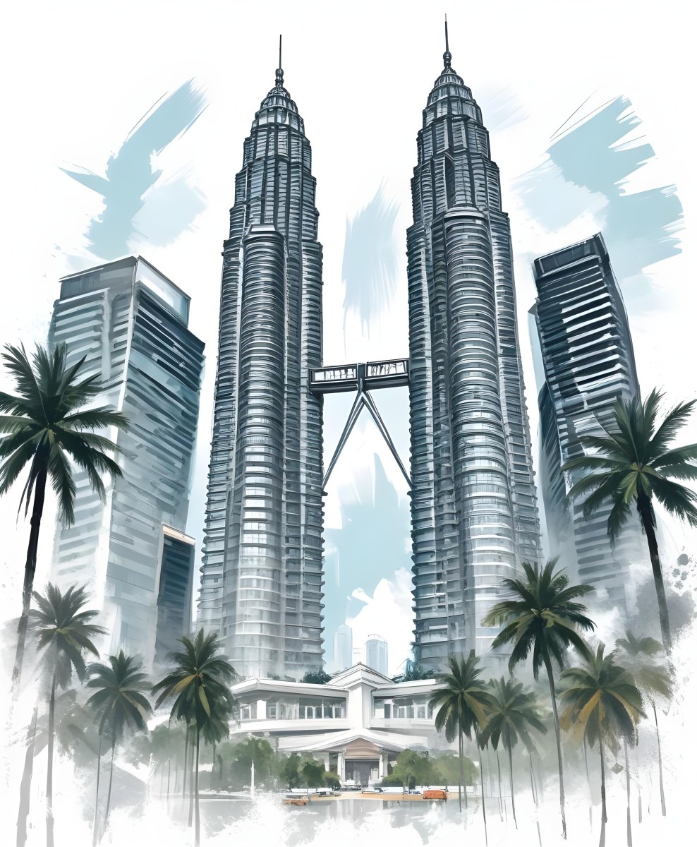 Digital Painting Petronas Towers In Kuala Lumpur Malaysia Surrounded By Skyscrapers And Palm Trees Bold And Slim Lines Brush Strokes 9 219f