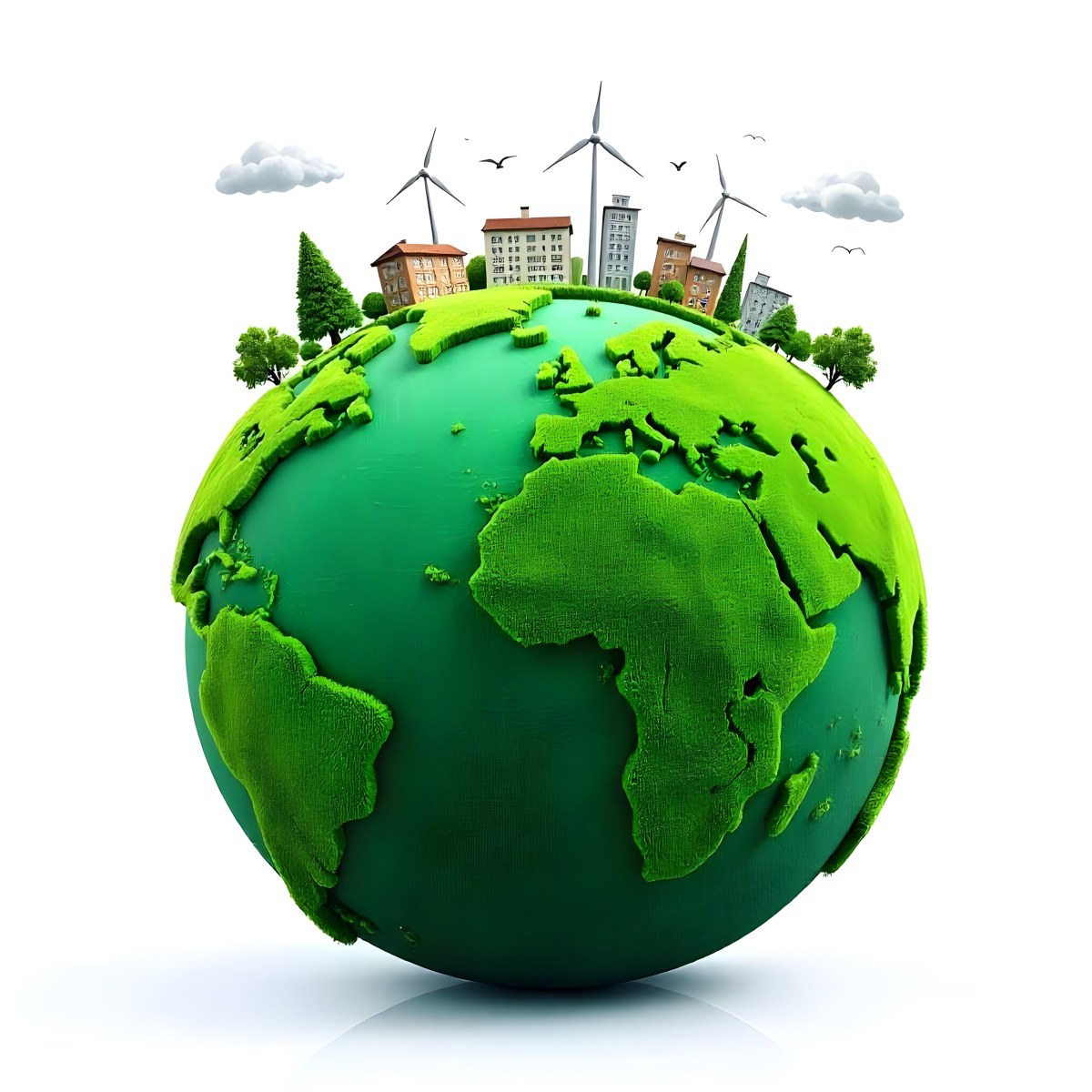 Green Earth With Grass Texture Buildings Wind Turbines Trees Clouds And Birds On Top White Background 11 7b0c