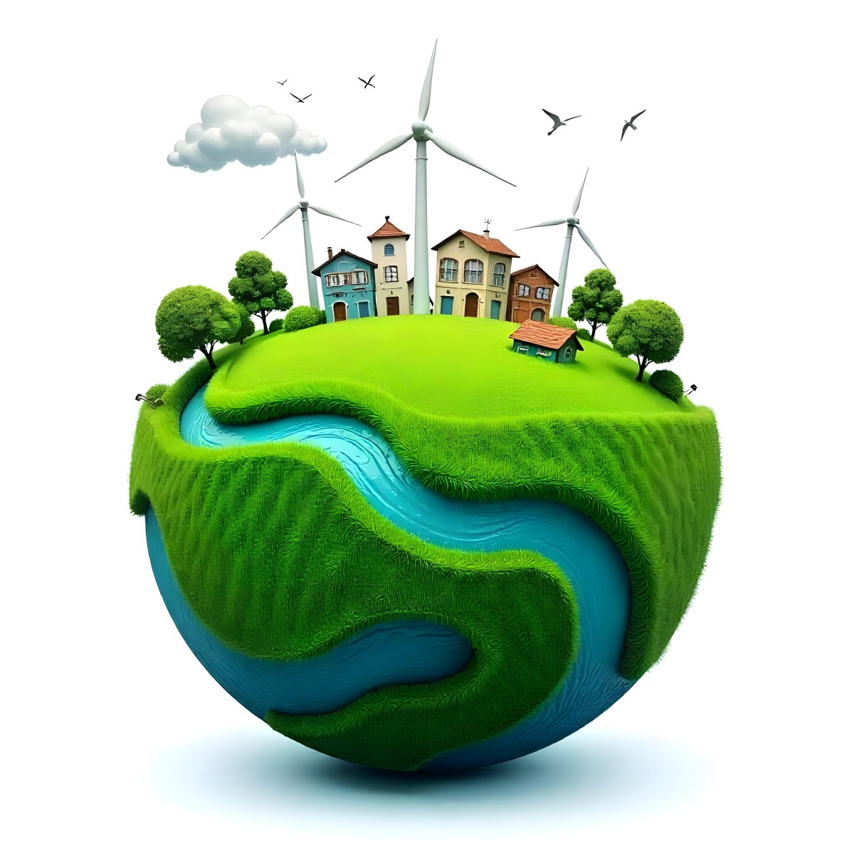 Green Earth With Grass Texture Buildings Wind Turbines Trees Clouds And Birds On Top White Background 12 Df64
