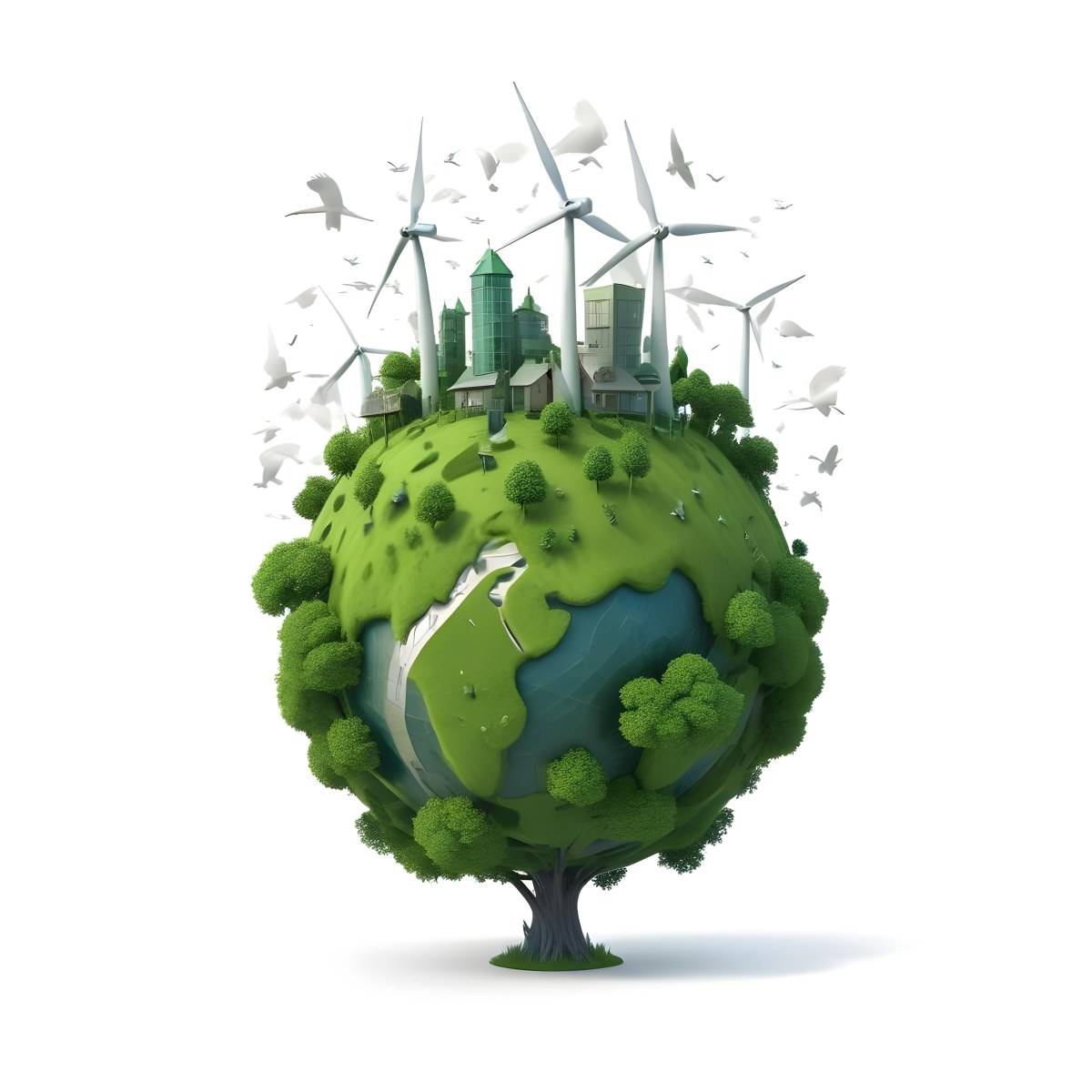 Green Earth With Grass Texture Buildings Wind Turbines Trees Clouds And Birds On Top White Background 18 A802