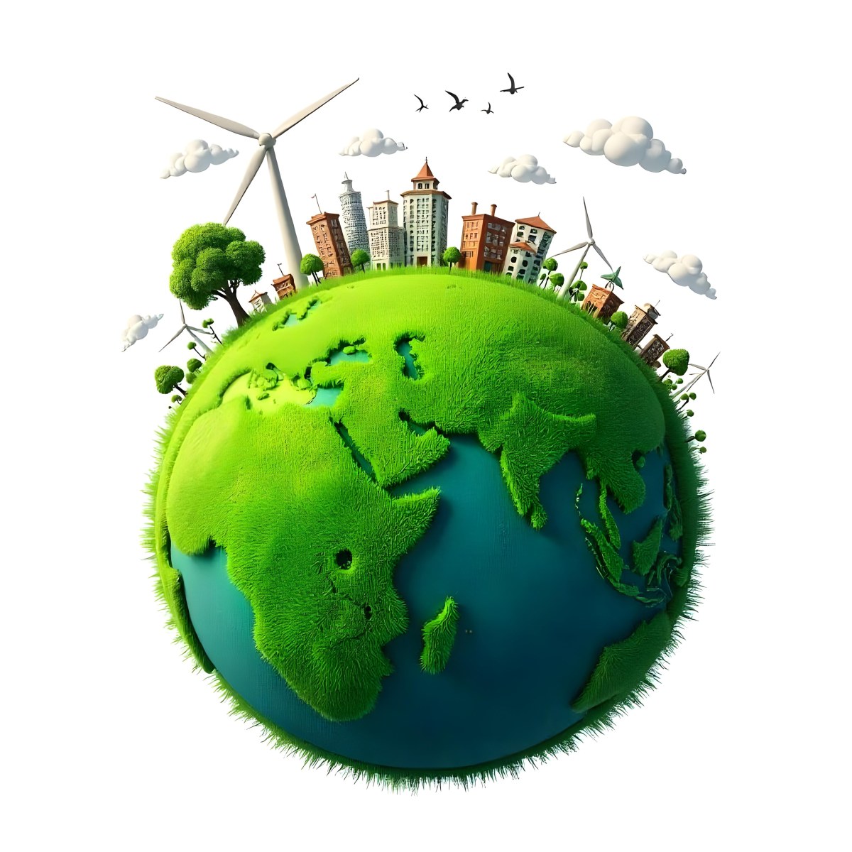 Green Earth With Grass Texture Buildings Wind Turbines Trees Clouds And Birds On Top White Background 22 5b6a