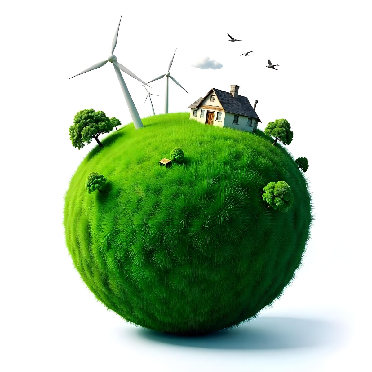 Green Earth With Grass Texture Buildings Wind Turbines Trees Clouds And Birds On Top White Background 24 7000
