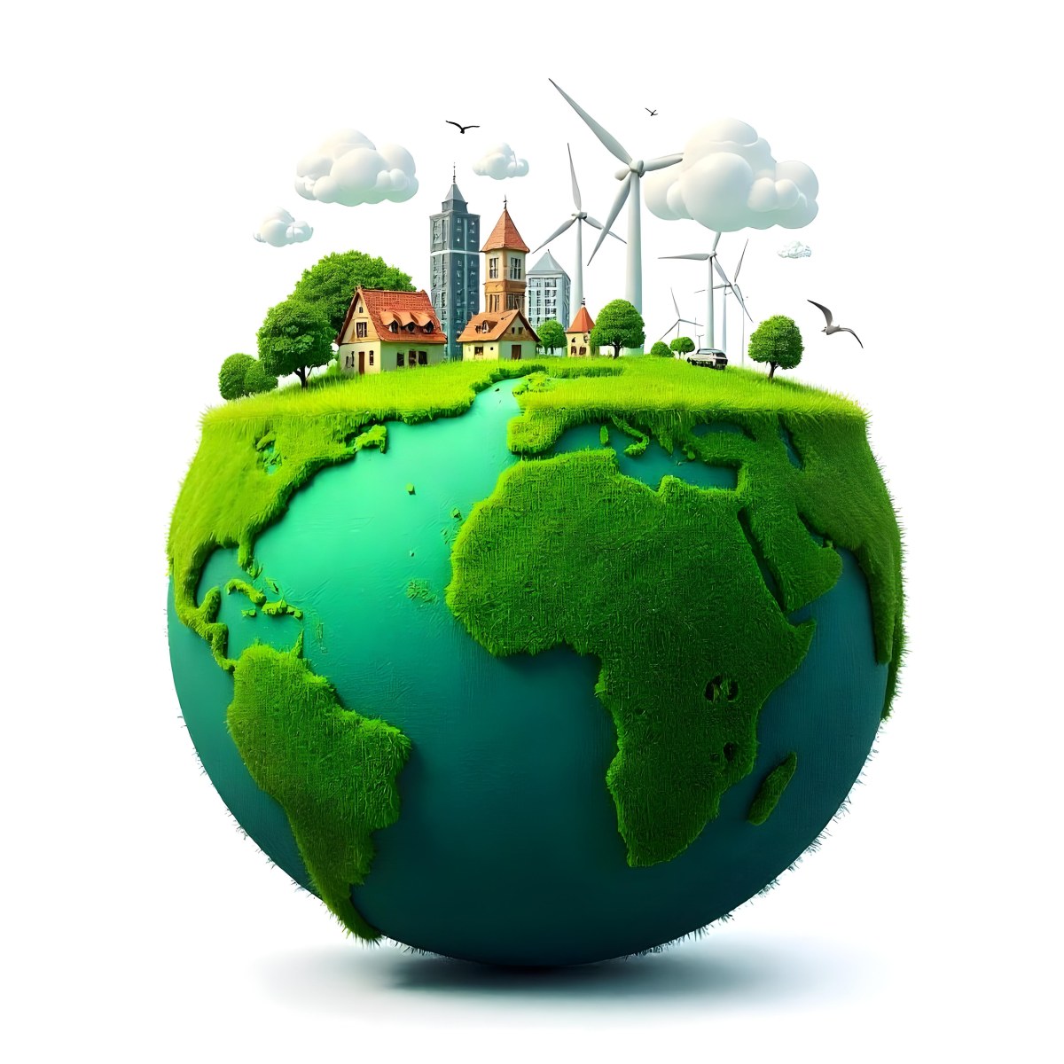 Green Earth With Grass Texture Buildings Wind Turbines Trees Clouds And Birds On Top White Background 27 6c0c