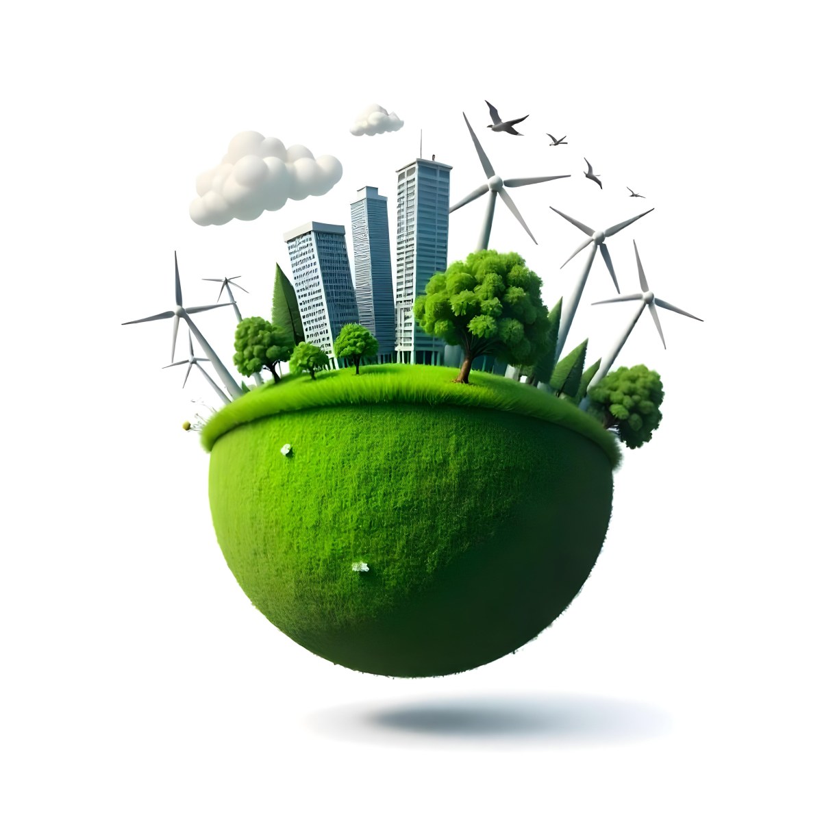 Green Earth With Grass Texture Buildings Wind Turbines Trees Clouds And Birds On Top White Background 29 88dd