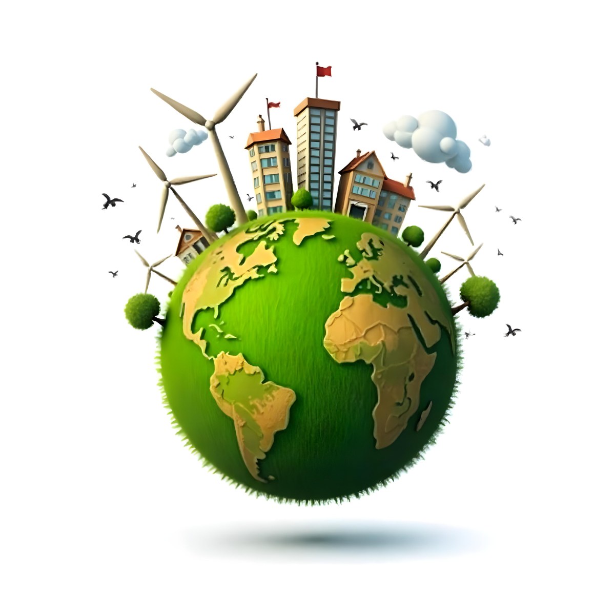 Green Earth With Grass Texture Buildings Wind Turbines Trees Clouds And Birds On Top White Background 31 6370