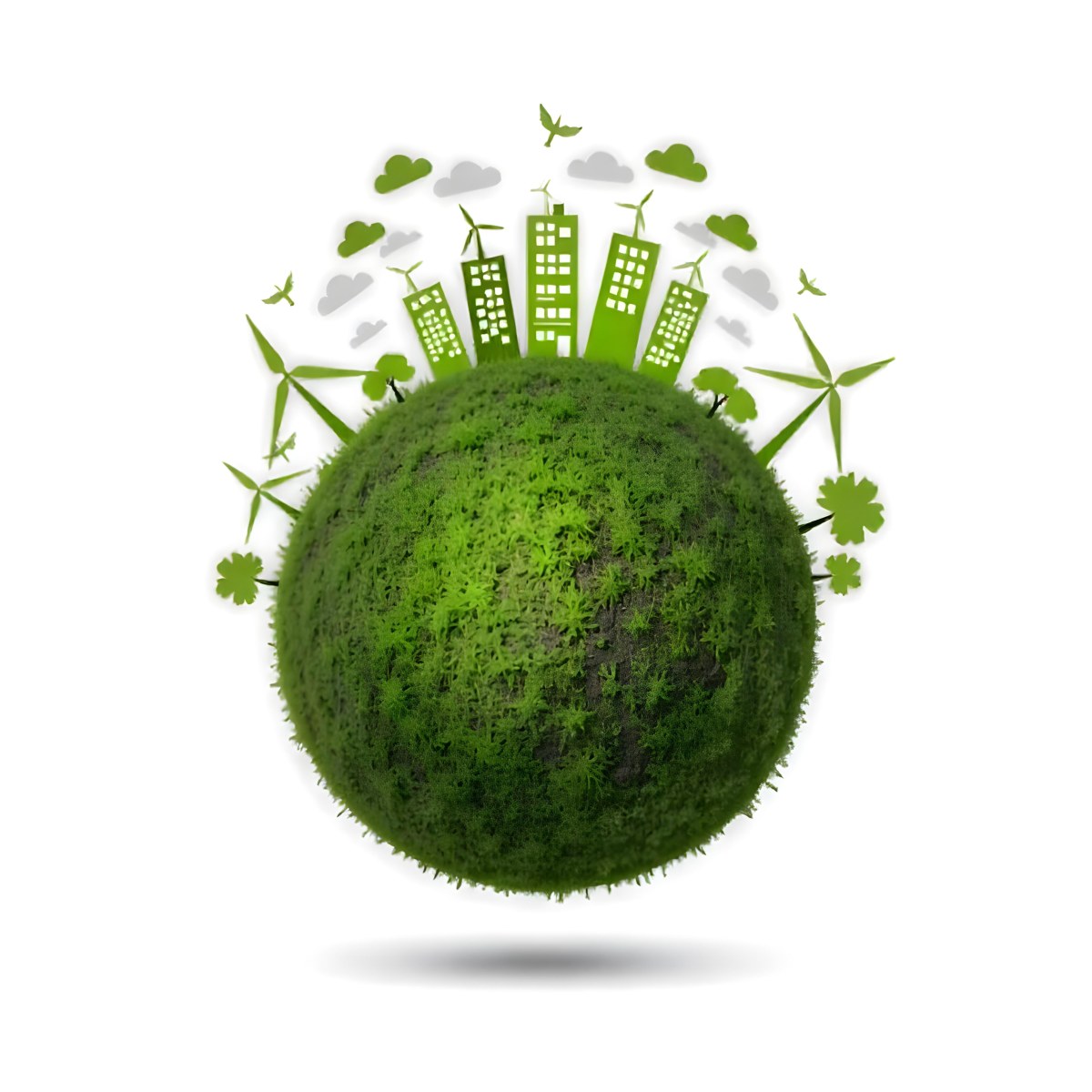 Green Earth With Grass Texture Buildings Wind Turbines Trees Clouds And Birds On Top White Background 35 18fc