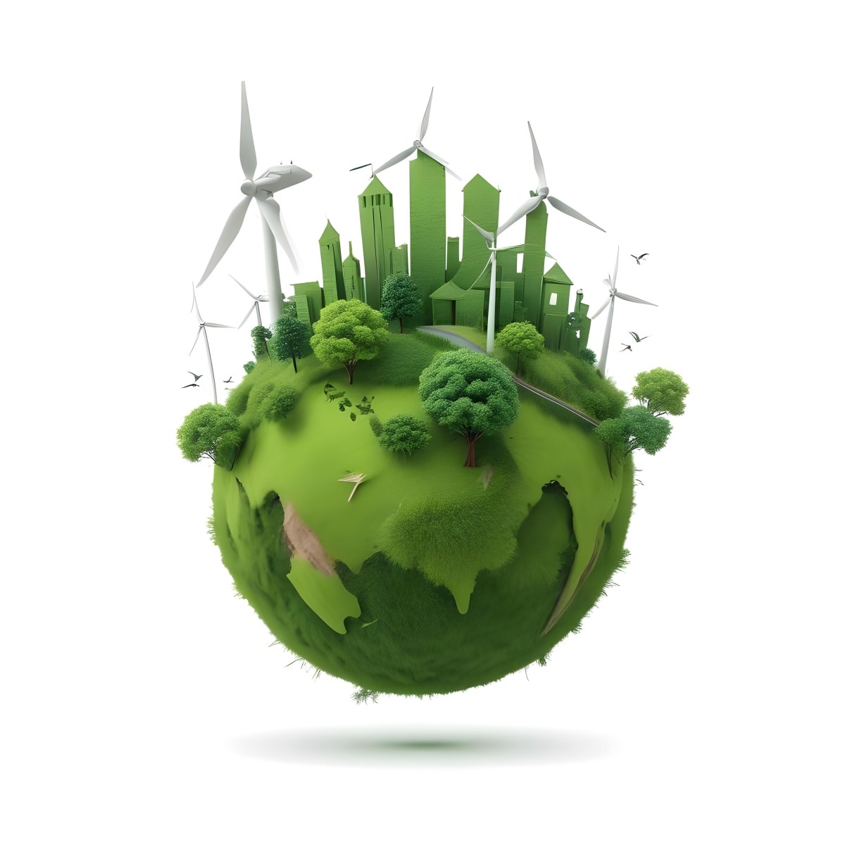 Green Earth With Grass Texture Buildings Wind Turbines Trees Clouds And Birds On Top White Background 69 7e26