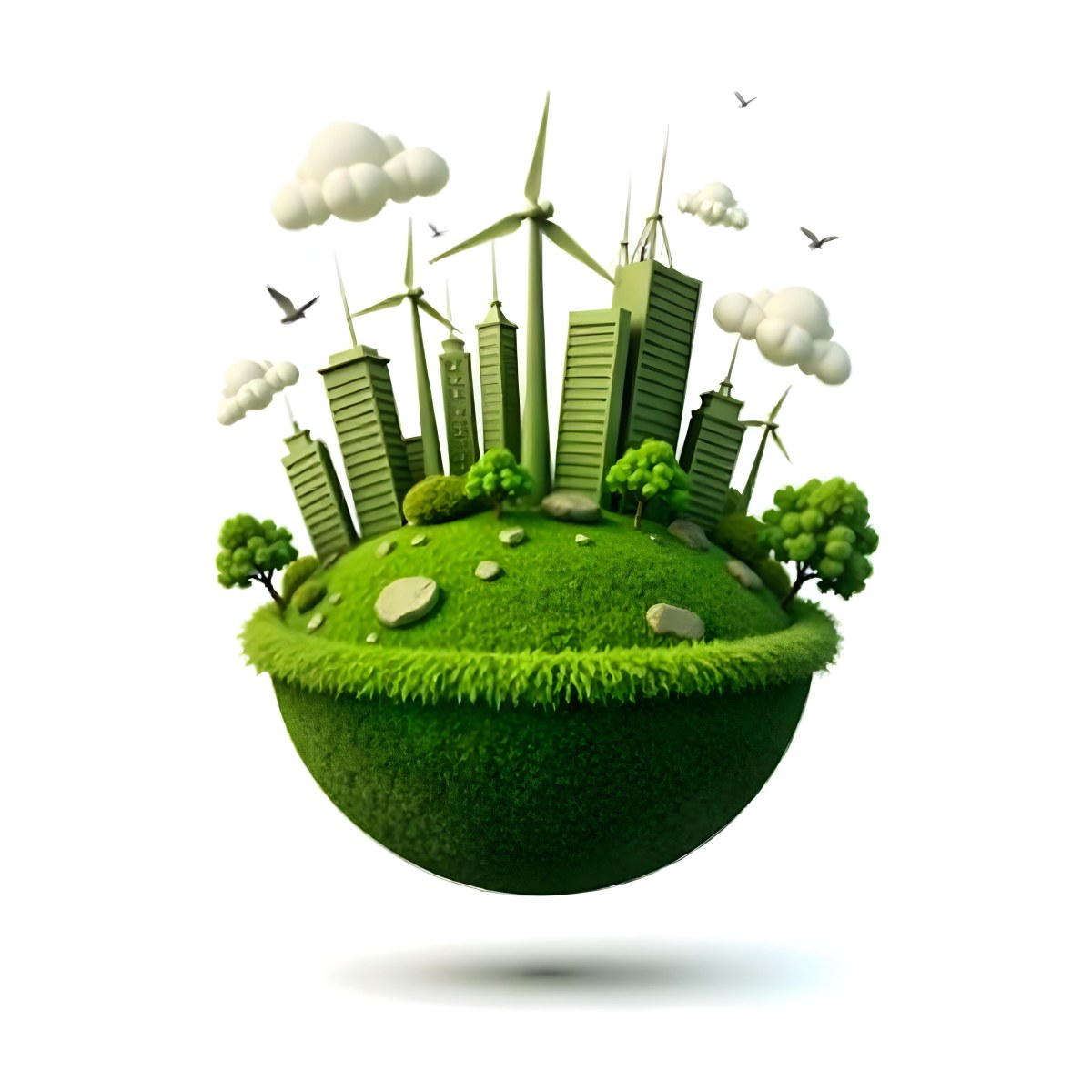 Green Earth With Grass Texture Buildings Wind Turbines Trees Clouds And Birds On Top White Background 7 E76b