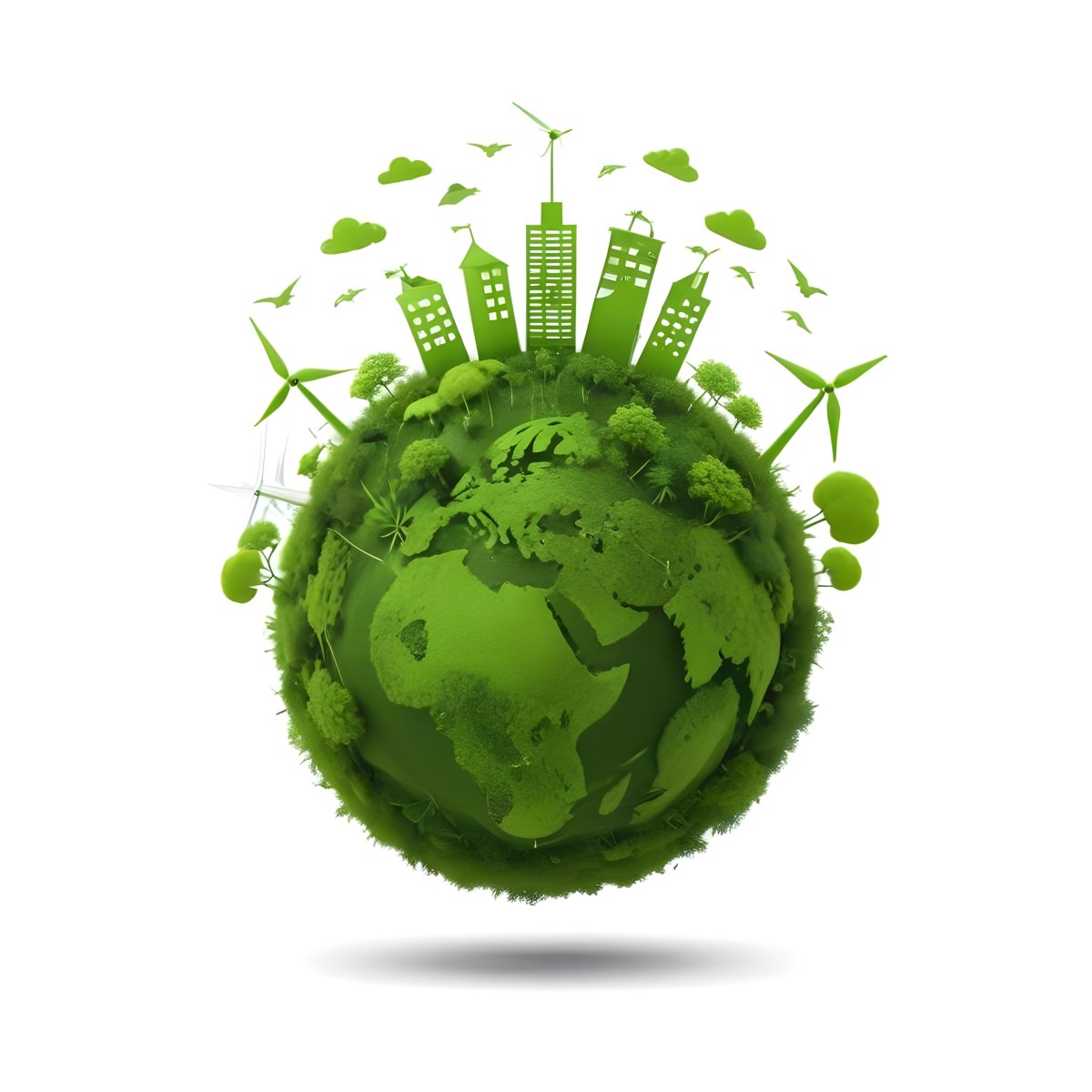 Green Earth With Grass Texture Buildings Wind Turbines Trees Clouds And Birds On Top White Background 7 Fa69