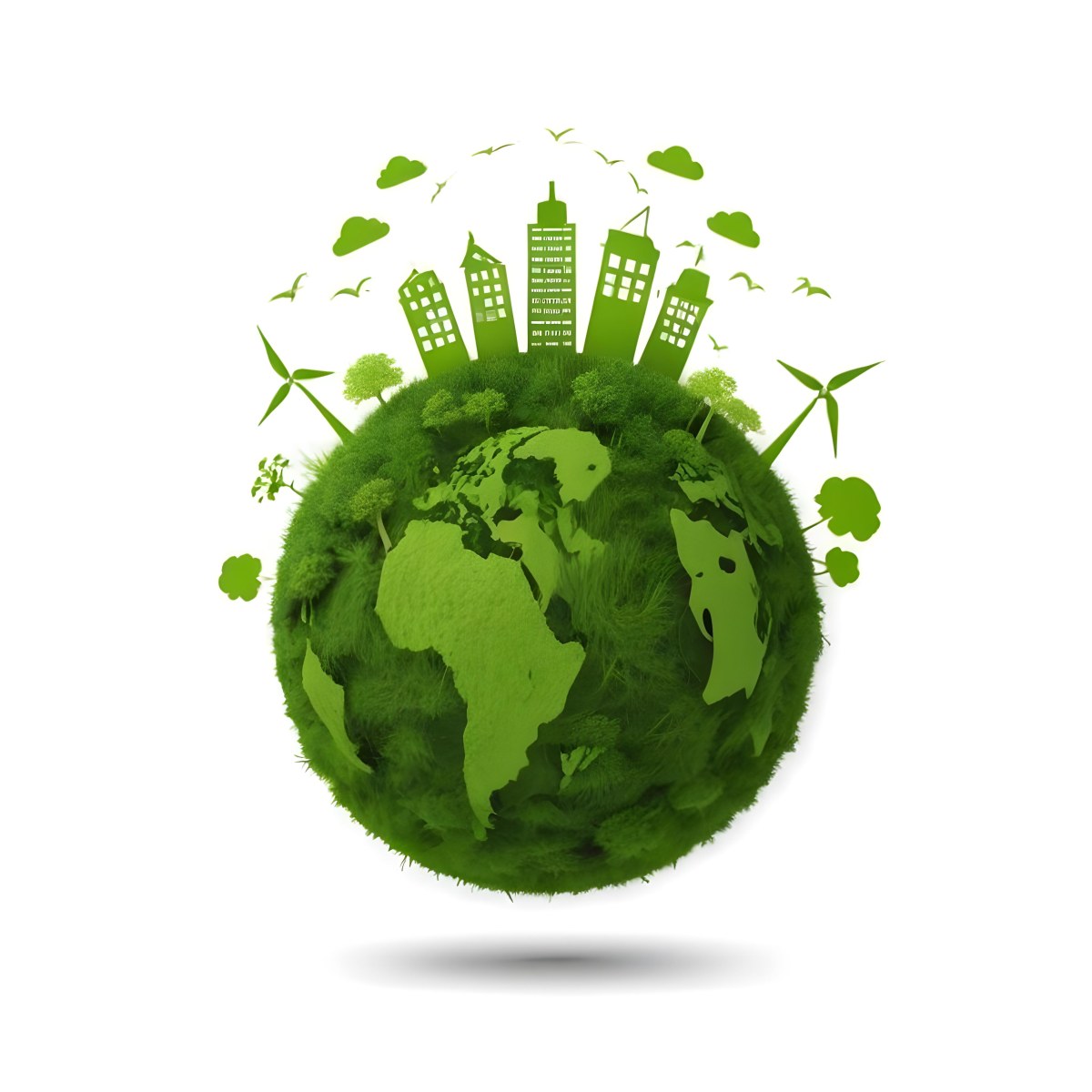Green Earth With Grass Texture Buildings Wind Turbines Trees Clouds And Birds On Top White Background 70 7037