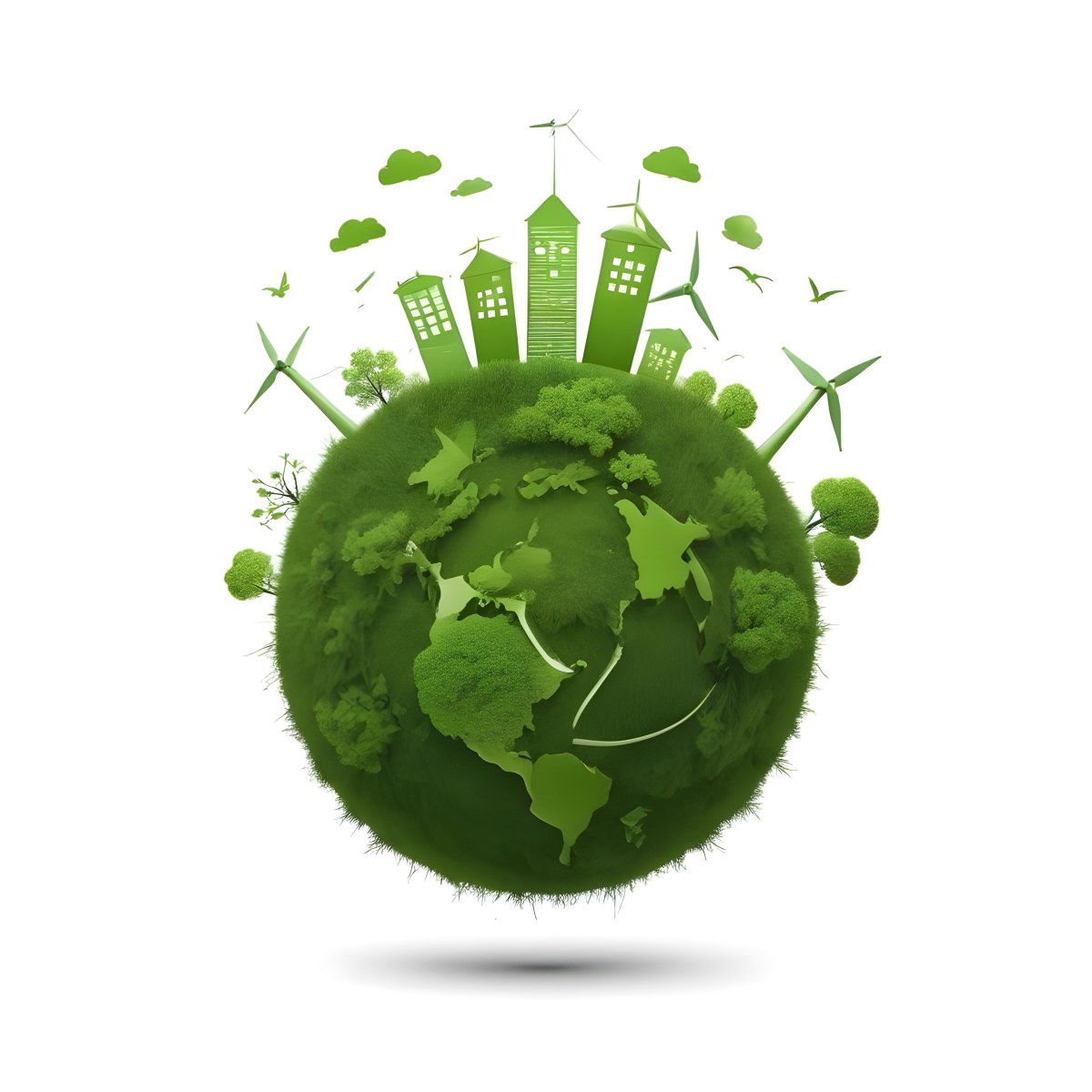 Green Earth With Grass Texture Buildings Wind Turbines Trees Clouds And Birds On Top White Background 72 89ce