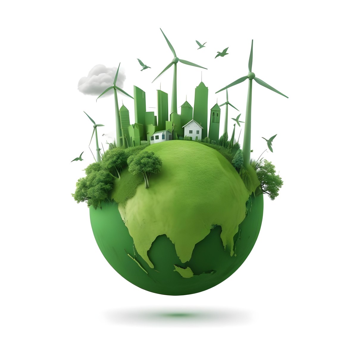 Green Earth With Grass Texture Buildings Wind Turbines Trees Clouds And Birds On Top White Background 73 0d75