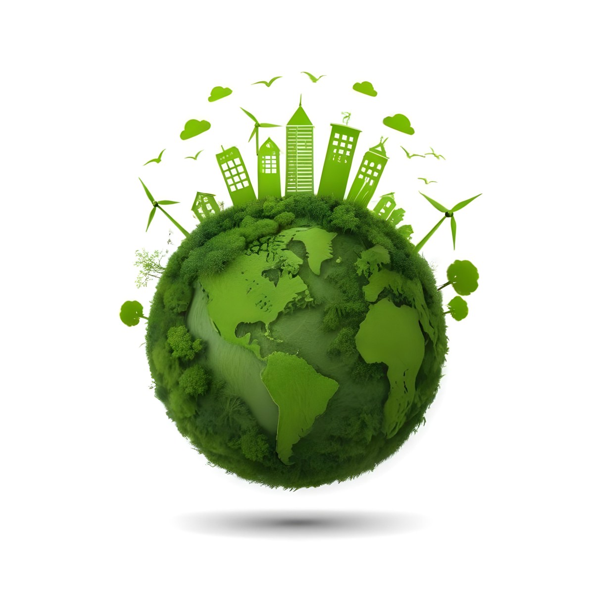 Green Earth With Grass Texture Buildings Wind Turbines Trees Clouds And Birds On Top White Background 74 7ffb