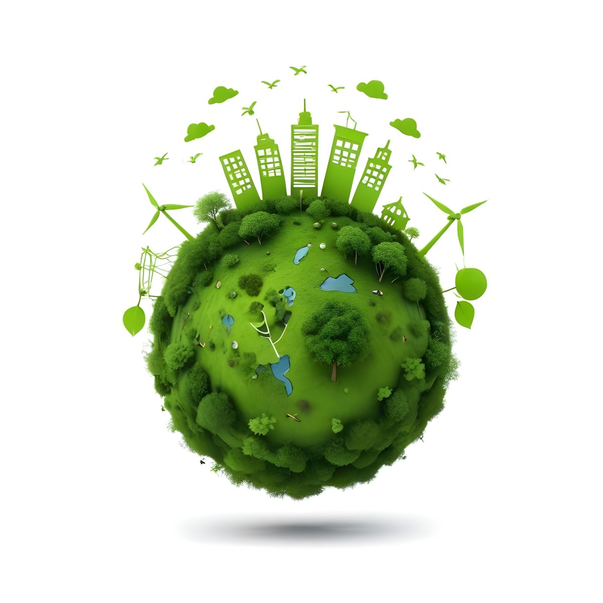 Green Earth With Grass Texture Buildings Wind Turbines Trees Clouds And Birds On Top White Background 8 179e